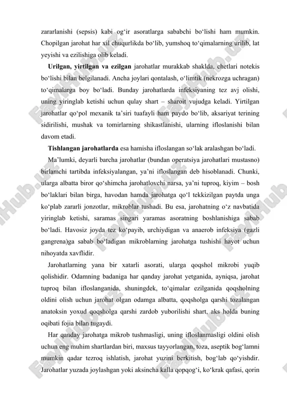 ga qo‘l tekkizilgan paytda unga ko‘plab zararli jonzotlar, mikroblar tushadi. bu esa, jarohatning o‘z navbatida yiringlab ketishi, saramas singari yaramas asoratning boshlanishiga sabab bo‘ladi. havosiz joyda tez ko‘payib, urchiydigan va anaerob infeksiya (gazli gangrena)ga sabab bo‘ladigan mikroblarning jarohatga tushishi hayot uchun nihoyatda xavflidir. jarohatlarning yana bir xatarli asorati, ularga qoqshol mikrobi yuqib qolishidir. odamning badaniga har qanday jarohat yetganida, ayniqsa, jarohat tuproq bilan ifloslanganida, shuningdek, to‘qimalar ezilganida qoqsholning oldini olish uchun jarohat olgan odamga albatta, qoqsholga qarshi tozalangan anatoksin yoxud qoqsholga qarshi zardob yuborilishi shart, aks holda buning oqibati fojia bilan tugaydi. har qanday jarohatga mikrob tushmasligi, uning ifloslanmasligi oldini olish uchun eng muhim shartlardan biri, maxsus tayyorlangan, toza, aseptik bog‘lamni mumkin qadar tezroq ishlatish, jarohat yuzini berkitish, bog‘lab qo‘yishdir. jarohatlar yuzada joylashgan yoki aksincha kalla qopqog‘i, ko‘krak qafasi, qorin bo‘shlig‘ini teshib o‘tgan bo‘lishi ham mumkin. bunday tanani teshib o‘tgan jarohatlar hayot uchun nihoyatda xavflidir. masalan, ko‘krak jarohatlanganida ko‘pincha o‘pka …