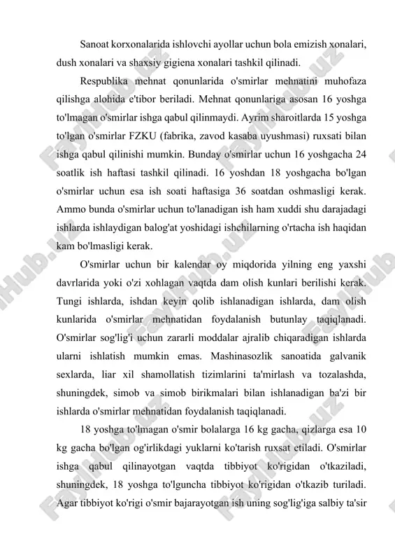 ga yarim litr miqdorda sut yoki shunga yarasha boshqa ehtiyot chora sifatida ayrim mahsulotlarni oladilar. sut olishi zarur bo'lgan kasblarni fzku bilan kelishilgan holda korxonaning rahbar xodimlari belgilaydi. bunga o'zbekiston sog'liqni saqlash vazirligi tomonidan ishlab chiqarilgan ilmiy xulosalar asos qilib olinishi kerak. tananing ba'zi bir qismlari yoki hammasi ifloslanishi mumkin bo'lgan ishlarda mehnat qiluvchi ishchilar bepul sovun bilan ta'minlanadilar. o'zbekiston respublikasi mehnat kodeksida ishlab chiqarish korxonalari ma'muriyati mehnatkashlarga ishlab chiqarish bilan bog'langan har qanday shikastlanish yoki zararlanishni, shuning-dek, moddiy yo'qotishni qoplash majburiyatini olishi alohida ko'rsatilgan. xavfsiz ish sharoitini yaratish borasida yo'l qo'yilgan har qanday kamchilik yoki xavfsiz ishlash sharoitini tashkil qilmaslik nati-jasida ishchining baxtsiz hodisaga uchrashi—sanoat korxonasining yoki rahbar xodimlarning aybi hisoblanadi. moddiy yuqotishni qoplash miqdori va tartibi maxsus qoidalar asosida belgilanadi. 2. mehnatni muhofaza qilish bo'yicha davlat nazorat tashirilotlari va jamoat nazorati mehnatni muhofaza qilish qoidalari va normalari, shuningdek, mehnat qilish qonunlarining bajarilishini ta'minlovchi umumiy va maxsus davlat nazorat …