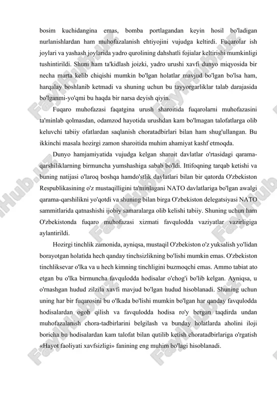 buning natijasi o'laroq boshqa hamdo'stlik davlatlari bilan bir qatorda o'zbekiston respublikasining o'z mustaqilligini ta'minlagani nato davlatlariga bo'lgan awalgi qarama-qarshilikni yo'qotdi va shuning bilan birga o'zbekiston delegatsiyasi nato sammitlarida qatnashishi ijobiy samaralarga olib kelishi tabiiy. shuning uchun ham o'zbekistonda fuqaro muhofazasi xizmati favqulodda vaziyatlar vazirligiga aylantirildi. hozirgi tinchlik zamonida, ayniqsa, mustaqil o'zbekiston o'z yuksalish yo'lidan borayotgan holatida hech qanday tinchsizlikning bo'lishi mumkin emas. o'zbekiston tinchliksevar o'lka va u hech kimning tinchligini buzmoqchi emas. ammo tabiat ato etgan bu o'lka birmuncha favqulodda hodisalar o'chog'i bo'lib kelgan. ayniqsa, u o'rnashgan hudud zilzila xavfi mavjud bo'lgan hudud hisoblanadi. shuning uchun uning har bir fuqarosini bu o'lkada bo'lishi mumkin bo'lgan har qanday favqulodda hodisalardan ogoh qilish va favqulodda hodisa ro'y bergan taqdirda undan muhofazalanish chora-tadbirlarini belgilash va bunday holatlarda aholini iloji boricha bu hodisalardan kam talofat bilan qutilib ketish choratadbirlariga o'rgatish «hayot faoliyati xavfsizligi» fanining eng muhim bo'lagi hisoblanadi. 2. bo'lishi mumkin bo'lgan tabiiy ofatlarning …