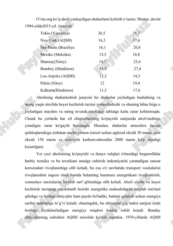 holisi 1880-yilda umumiy aholining 1,7 % ini tashkil qilgan bo’lsa, 1950-yilda 13,1 %, 1970-yilda 17 %, 1984-yilda 50 % va 2000yilda 80-85 % ni tashkil qiladi. jumladn, aqsh da aholini shaharlashishi 70% ga rossiya federatsiyasiniki esa 1995-yilda 76% ni tashkil qilgan. million va undan ko’p aholi yashaydigan shaharlar soni ko’paymoqda. yaqin kelajakda 25-30 million odam yashaydigan shaharlar paydo bo’lishi kutilmoqda. o’nta eng ko’p aholi yashaydigan shaharlarni keltirib o’tamiz: shahar, davlat 1994-yilda2015-yil (taxmin) tokio (yaponiya) 26,5 28,7 nyu-york (aqsh) 16,3 17,6 san-paulu (braziliya 16,1 20,8 mexiko (meksika) 15,5 18,8 shanxay(xitoy) 14,7 23,4 bombey (hindiston) 14,5 27,4 los-anjeles (aqsh) 12,2 14,3 pekin (xitoy) 12 19,4 kalkutta(hindiston) 11,5 17,6 aholining shaharlashish jarayoni bu shaharlar joylashgan hududning va uning yaqin atrofida hayot kechirish tarzini yomonlashishi va shuning bilan biiga u joylashgan maydon va uning tevarak-atrofidagi tabiatga katta zarar keltirmoqda. chunk bu yerlarda har xil chiqindilarning ko'payishi natijasida atrof-muhitga yetadigan zarar ko'gayib bormoqda. masalan, shaharlar …