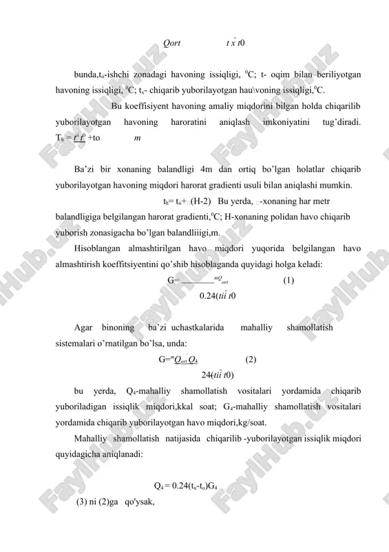 onstruksiyaga ega bo'lishlari mumkin. ularni turlarga bo'lishda qanday ish uchun tavsiya etilganligi va hosil qiladigan bosimi hisobga olinadi. hosil qiladigan bosimi bo'yicha past bosimli ventilatorlar (r>i kpa yoki 100 kg/sm2), o'rtacha r > z kpa, yoki 300 kg/sm2 va yuqoribosimli r< z kpa bo'lishi mumkin. 8-rasm. o'q bo'ylab havo harakatini ta'minlovchi ventilator. markazdan qochma kuchga asosolangan ventilatorlar asosan spiralsimon tashqi qobiqqa joylashtirilgan kurakchali g'ildirakdan tashkil topgan. g'ildirak aylanma harakat qilishi asosida kurakchalarga urilgan havo kuch bilan tashqarigai markaziy o'qqa perpendikular ravishda markazdan qochma kuch asosida harakatlantirilib yuboriladi va bu havo spiralsimon tashqi qobiq bo'ylab yo'naltiriladi. bunday markazdan qochma kuchga asoslangan ventilator anchagina katta bosimdagi havo harakatini ta'minlay oladi. 9-rasm. sp7-40 n8 ventilatorning aerodinamik ko'rsatkichlari. ventilatorlar qanday maqsadlarda foydalanishga qarab ma'lum nomerlarga va markazlarga ega bo'ladi. ventilatorlarning nomeri uning ishchi kurakchali g'ildiragining dm larida ifodalangan diametridir, ya'ni n 4 bo'lsa, unda kurakchali g'ildiragi 400 mm li ventilyatorlar tushuniladi. markazdan. qochma ventilatorlarning …