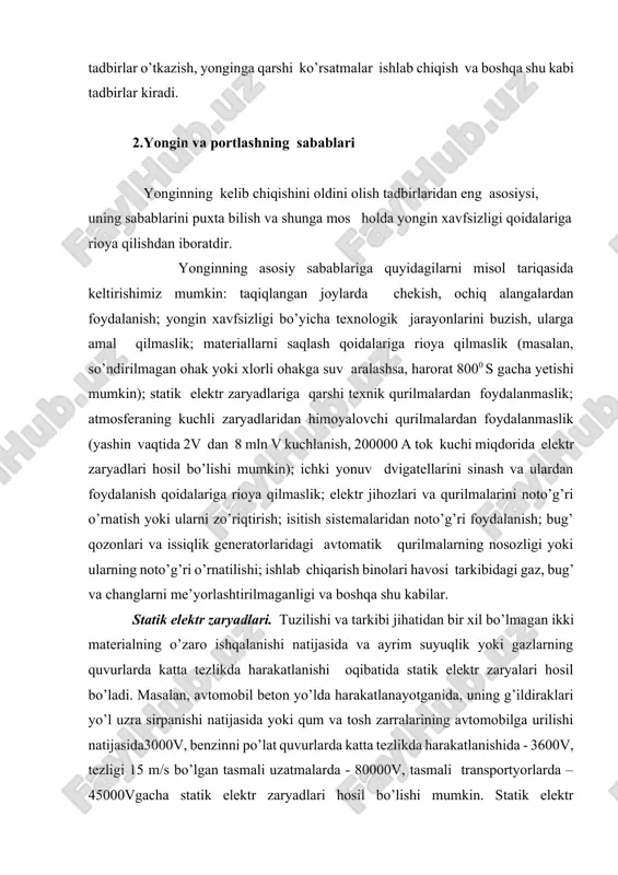 i keskin qisqarishi, uzoq vaqt statik elektr zaryadlari ta’sirida ishlash oqibatida esa nerv faoliyatining buzilishi, tayyorlanadigan mahsulot sifatining pasayishi kuzatiladi. statik elektr zaryadlarining hosil bo’lishini va to’planishini turli xil yo’llar bilan oldini olish mumkin, jumladan ish joyi mikroiqlim holatini meyorlashtirish, yani xona xavosi nisbiy namligini 70% dan kam bo’lmasligiga erishish; asosiy materiallarga antistatik materiallar qo’shish; muhit havosini ionizatsiyalash; ishqalanuvchi yuzalarga teskari belgili zaryadlarni kiritish va b. statik elektr zaryadlarining xavfli va zararli ta’siridan himoyalanishning asosiy yo’llaridan yana biri-jihozlar va sig’imlarning metall qismlarini yerga ulashdir. yerga ulashda elektrod sifatida po’lat trubalardan, burchaksimon po’latlar va armaturalardan foydalanish mumkin. statik elektr zaryadlari hosil bo’lish extimoli bor bo’lgan statsionar mexanizmlar va sig’imlarning yerga ulash qurilmalarini qarshiligi 100 om dan, texnologik jarayonda ishtirok etayotgan uskuna, qurilma va jihozlar sistemalari uchun esa bu ko’rsatkich 10 om dan kichik bo’lishi zarur. atmosfera elektr zaryadlari va ulardan himoyalanish. yashin va momoqaldiroq vaqtida kuchli elektr zaryadlari hosil bo’lib, ularning …