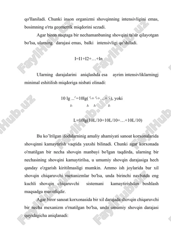 at bermaydilar, ba'zilar esa keskin asabiylashadi. bunday shovqinning ta'sir ko'rsatislii odamning yoshiga,sog'lig'iga va bajaradigan ishiga, kayfiyatiga va boshqa omillarga bog'liq. shovqinning zararli ta'siri shuningdek, doimiy shovqinlardan farqliligiga, masalan musiqa tovushlari, odam so'zlashgandagi tovushlarga odam mutlaqo befarq qaraydi, xuddi shu darajadagi begona shovqinlar uni asabiylashishga olib keladi. ma'lumki, ba'zi bir jiddiy kasalliklarga chalingan bemorlar, masalan, qon bosimi, ichak va oshqozon yarasi va ba'zi teri kasalliklari, asab kasalliklari bilan og'rigan bemorlarning mehnat qilish va dam olish rejimlari umuman kasallik tufayli buzilgan bo'ladi. bunday kasallar uchun ortiqcha shovqinning bo'lishi ularning nihoyat darajada toliqishiga olib keladi, agar bu shovqinlar tunlarda bo'lsa, og'ir asoratli kasallarning kelibchiqishiga sabab bo'ladi. agar shovqin darajasi bunday hollarda 70 db ga teng bo'lsa, u bunday toliqqan bemorlar organizmida flziologik o'zgarishlar sodir bo'lishiga olib kelishi mumkin. yosh va sog'lom odamlar uchun bunday shovqinlar butunlay zararsiz deyish mumkin. agar shovqin darajasi 85—90 db ga yetsa, bunday shovqindan har qanday ishlayotgan odamning birinchi …