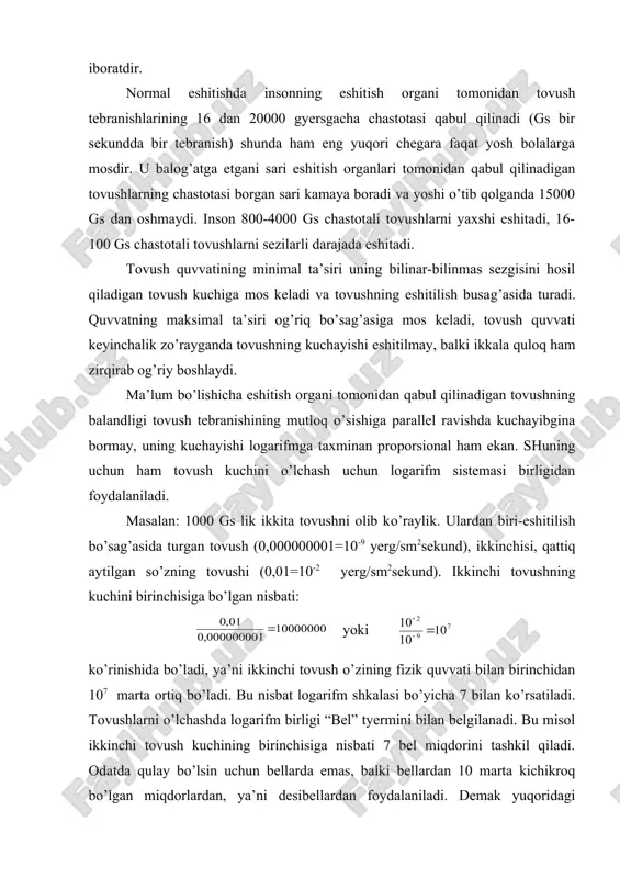 yerg/sm2sekund). ikkinchi tovushning kuchini birinchisiga bo’lgan nisbati: yoki ko’rinishida bo’ladi, ya’ni ikkinchi tovush o’zining fizik quvvati bilan birinchidan 107 marta ortiq bo’ladi. bu nisbat logarifm shkalasi bo’yicha 7 bilan ko’rsatiladi. tovushlarni o’lchashda logarifm birligi “bel” tyermini bilan belgilanadi. bu misol ikkinchi tovush kuchining birinchisiga nisbati 7 bel miqdorini tashkil qiladi. odatda qulay bo’lsin uchun bellarda emas, balki bellardan 10 marta kichikroq bo’lgan miqdorlardan, ya’ni desibellardan foydalaniladi. demak yuqoridagi misolda ikkinchi tovush kuchining birinchi tovush kuchiga nisbati 70 desibelni tashkil etadi. shunday qilib, bir tovushning ikkinchi tovushdan qanchalik kattaligini desibellar bilan hisoblab chiqarish uchun, tovush quvvatining ko’p miqdorini kam miqdoriga bo’lishkerak, bu nisbatning unli logarifmini hisoblab chiqarib, olingan miqdorni 10 marta kamaytirish kerak. embed equation.3 , (8.1) qattiq shovqinning eshitish organiga yomon ta’sir qilishi tufayli shovqinli kasb egalari bo’lgan ishchilarda eshitish qobiliyatining pasayib ketishini quyidagi statik ma’lumotlardan ham ko’rish mumkin. -jadval qozon yasash jarayonida faoliyat ko’rsatadigan ishchilar eshitish qobiliyatining pasayishi ish …