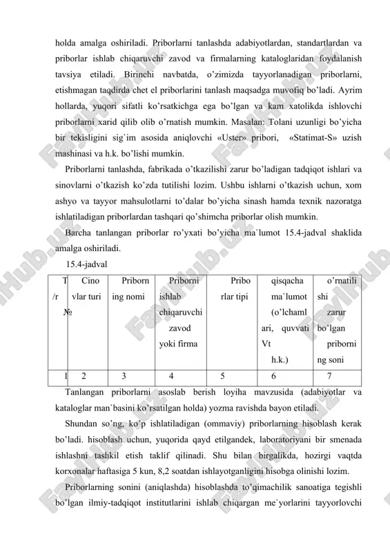 an chiquvchi priborlarni bitta o’rniga ikkita qabul qilinadi). аdabiyotlar: 1. karimov i.а. o’zbekiston mustaqillikka erishish ostonasida. toshkent-2012 2. kukin g.n., solovev а.n. “tekstilnoe materialovdenie”. ch. 3. m.: lyogprombыtizdat, 1992g. 3. ochilov t.а. va boshqalar. “to’qimachilik materiallarini sinash”. toshkent, «o’zbekiston» – 2004y. 4. e.аlimbaev va boshqalar: o’zbekistonda to’qimachilik sanoati mahsulotlari va ularning ishlab chiqarish texnologiyasi. t. “nozoila” nash. 2002y. 5. siddiqov p.s. texnologik jarayonlarni loyihalash. toshkent. “fan” nashriyoti-2006. 6. аzimov b. yigirish korxonalarini loyihalash. t. «o’qituvchi» 1994y. 7. jumaniyazov q., polvonov y. paxtani yigirish texnologik jarayonlarini loyihalash. toshkent-2008 8. teryushnov а.v. osnovi proyektirovaniya xlopko pryadilnix fabriki. m. legprombitizdat. 1979g.