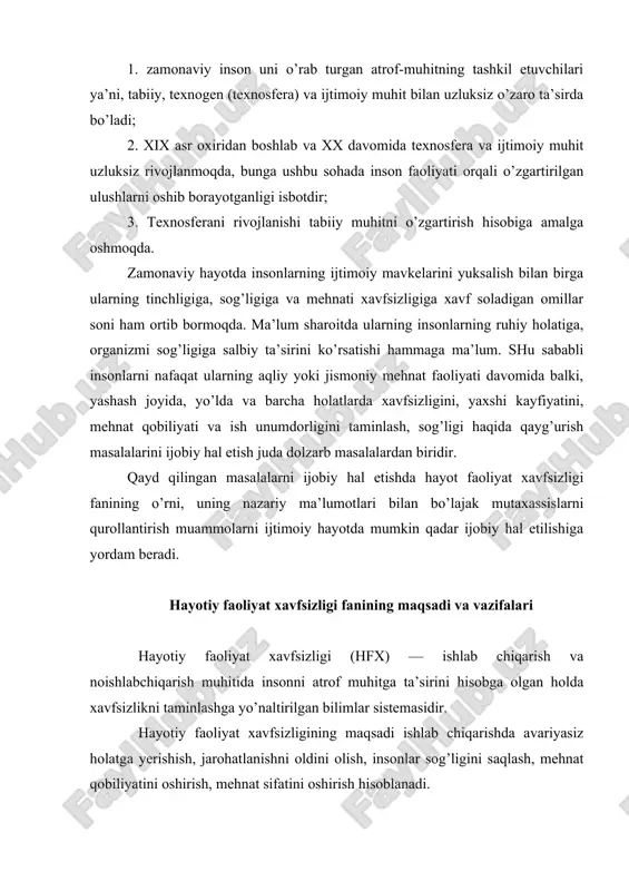 hish, jarohatlanishni oldini olish, insonlar sog’ligini saqlash, mehnat qobiliyatini oshirish, mehnat sifatini oshirish hisoblanadi. qo’yilgan maqsadga yerishish uchun quyidagi ikki masalani echish lozim bo’ladi: 1. ilmiy (inson-mashina sistemasini; atrof muhit-inson, xavfli (zararli) ishlab chiqarish omillari va boshqalarni matematik modellashtirish); 2. amaliy (uskunalarga xizmat ko’rsatishda mehnat xavfsizligini taminlash). hayotiy jarayonda insonni atrof-muhit va uning tashkil etuvchilari bilan o’zaro ta’siri yu.n.kurjakovskiyning «hayot faqat moddalar, energiyalar va informasiyalar oqimlarini tirik tana orqali harakati jarayonida mavjud bo’la olmaydi» degan hayotni saqlash qonuniga mos holda elementlar orasidagi moddalar massasining, barcha turdagi energiyalar va informasiyalarning oqimlari sistemasiga asoslangan. hayotni saqlash qonunidagi oqimlar insonga o’zini oziq-ovqatga, suvga, havoga, quyosh energiyasiga, o’rab turgan muhit haqidagi informasiyalarga bo’lgan ehtiyojlarini qanoatlantirishi uchunkerak. shu bilan bir vaqtda inson hayotiy fazasida o’zidan ongli faoliyati bilan aloqador (mexanik, intellektual energiyalar), bioliogik jarayon chiqimlari ko’rinishidagi ma’lum massadagi moddalar oqimini, issiqlik energiya va boshqa energiya oqimini ajratadi. moddalar va energiyalar oqimi almashinuvi inson ishtirok etmaydigan …