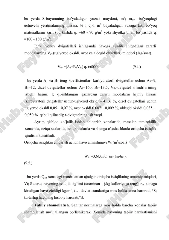 kirayotgan va chiqayotgan havoning massasi gx (kg/soat) tekshirishlar natijasi asosida quyidagiga aniqlanadi: gx=w1 , (9.8.) bu yerda rx-xonaga kiritilayotgan yoki chiqarilayotgan havoning zichligi. mexanik shamollatishning mexanik shamollatish uskunalari. mexanik shamollatish sistemalarida havoning bir joydan ikkinchi joyga ko’chishi markazdan qochma va o’qli shamollatkichlar yoki ejektorlar yordamida amalga oshiriladi (9.5.-rasm). markazdan qochma shamollatkichda kurakli ishchi g’ildirak chig’anoqsimon kojuxda, o’qli shamollatkich esa silindrik kojuxda joylashgan bo’ladi. markazdan qochma shamollatkichlar past bosimli (1000 pa gacha), o’rta (1000 dan 3000 pa gacha) va yuqori bosimli (3000 dan 15000 pa gacha) bo’ladi. xonaga kiradigan havo kalorifyer yordamida isitiladi. havoni sovutish uchun esa ikki tipdagi havoni yengillashtirish sovutuvchilardan foydalaniladi: sirtqi va kontaktli. sirtqi sovutuvchilar tuzilishi bo’yicha kalorifyerlarga o’xshash bo’ladi va ularda sovuqlik tashuvchilar sifatida sovuq suv, ammiak yoki freonlar xizmat qiladi, havoni kontaktli sovutish sug’orish kamyerasining yomg’irli bushlig’idan havoni o’tishi orqali amalga oshiriladi. havoni kondisionirlash. oddiy shamollatish sistemasi odamlar shamollatish sistemasida havoni tozalash qurilmasi muhim ahamiyatga ega. …
