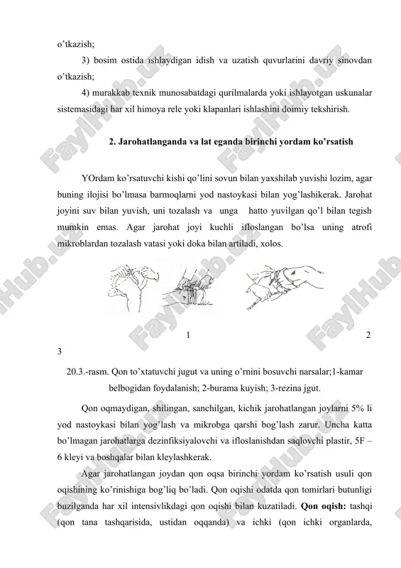 oqimini to’xtatishning eng muhim usuli oyoqni, belning yuqori qismiga mahkam qisib bog’lash hisoblanadi. jgutni bog’lashdan oldin oyoqlar ko’tariladi. shuningdek bilak tirsaklar jarohatlanib arteriyadan qon oqishini kuzatilganda jarohatlanish ko’rinishiga qarab jgut yoki uning o’rnini bosadigan materiallar bilan bog’lanadi 20.6.-rasm. jgutni qon to’xtaguncha qisishkerak. jgutni qisilgan holatda 1,5…2 soatdan ortiq qoldirish mumkin emas, aks holda to’qimalarda hujayralarni o’lishi boshlanadi. bu vaqt oralig’ida shikastlangan odamni yaqin atrofdagi tibbiyot muassasasiga etkazish zarur bo’ladi. 1 2 3 4 20.5.-rasm. arteriyadan okayotgan qoni to’xtatishda oyoqlarni maksimal egish; 1-elka oldi; 2-elka; 3-bel; 4-boldir. agar jarohat muskul ostida yoki shu kabi noqulay joylarda, murakkab holatlarda bo’lsa jgutdan foydalanish mumkin emas. bunda qorin bilan son orasiga porolon yoki boshqa yumshoq material qo’yiladi. so’ng oyoqlar maksimal egiladi va u belning yuqori qismiga mahkam bog’lanadi. qo’l va oyoqlarni va boshqa joylarni suyaklari singanda va chiqqanda jarohatlanganlarga birinchi yordamni singan joylarini qimirlamaydigan qilib mahkam bog’lash va ularni qulay holatda yotqizishdan boshlashkerak. singan …