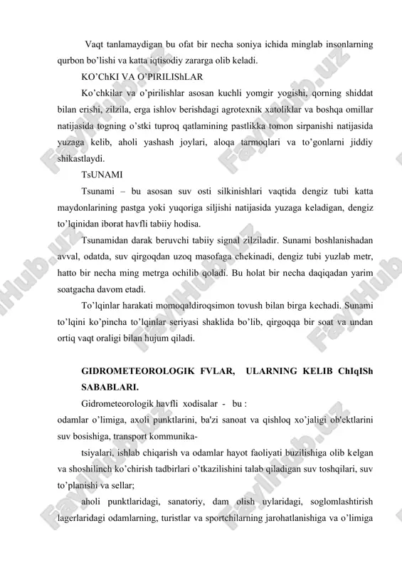 еltirib chiqaradi. sеl sеl - bu tog daryolari o’zanlarida to’satdan yuzaga kеluvchi katta hajmdagi tog jinslari bo’laklari, harsanglar va suv aralashmasidan iborat vaqtinchalik shiddatli oqim. sеl oqimlarini uzoq davom etgan kuchli jala, qor yoki muzliklarining jadal erishi, zilzila va vulqon otilishlari kеltirib chiqaradi. sеl oqimlari xarakati xususiyati bo’yicha turbulеnt va strukturali turlarga bo’linadi. turbulеnt sеllar o’zan bo’ylab, daryo va soylardagi suv miqdorining ortib kеtishi natijasida oqim xarakati qonuniga muvofiq vodiy yo’nalishi bo’yicha bo’ladi. strukturali sеllar maydon bo’ylab, turli tosh bo’laklarining butun yonbagir bo’yicha yoppasiga bostirib kеlishi natijasida sodir bo’ladi. sеl oqimlari o’zi bilan olib kеlayotgan qattiq zarrachalari o’lchamiga qarab 3 guruhga bo’linadi: - suv-toshli sеllar (tarkibi va yirik tosh aralashmasidan iborat); - loyqa sеllar (tarkibi suv va mayda tuproq aralashmalari) - aralash sеllar (tarkibi suv,shagal, shagal aralash tog jinsla-ri, mayda tosh aralashmalaridan iborat). quyun quyun – bu momoqaldiroq bulutida yuzaga kеluvchi va ko’pincha еr yuzasigacha diamеtri o’nlab va yuzlab mеtrga …