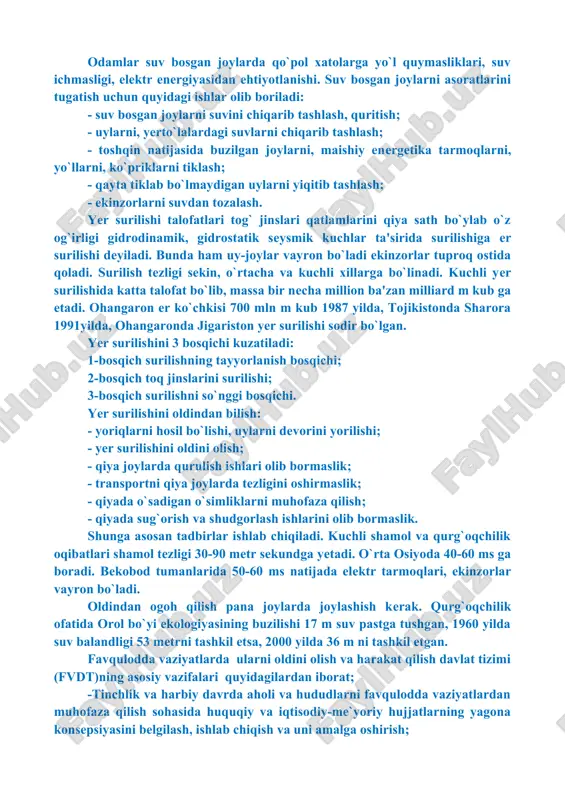 ta`minlashga qaratilgan ilmiy-texnik dasturlarini ishlab chiqish va amalga oshirish; -boshqaruv organlari va tizimlarining favqulodda vaziyatlarning oldini olish va ularni bartaraf etish uchun muljallangan kuch va vositalarning doimiy tayyorligini ta`minlash; -aholini,boshqaruv organlari boshliqlarini, fvdt kuch va vositalarini favqulodda vaziyatlarda harakat qilishga tayyorlash; -favqulodda vaziyatlarni bartaraf etish uchun moliyaviy va moddiy resurslar zaxirasini yaratish; -favqulodda vaziyatlarni bartaraf etish; -favqulodda vaziyatlardan zarar ko`rgan aholini ijtimoiy himoya qilishga oid tadbirlarni amalga oshirish; -favqulodda vaziyatlardan zarar ko`rgan aholini ijtimoiy himoya qilishga oid tadbirlarni amalga oshirish; -favqulodda vaziyatlarda aholini muhofaza qilish sohasida, shu jumladan ,ularni bartaraf etishda bevosita qatnashgan shaxslarning huquq va majburiyatlarini amalga oshirish; -aholi va hududlarni favqulodda vaziyatlardan muhofaza qilish sohasida halqaro hamkorlik qilish. respublika darajasidagi fvdt boshqaruv organlarinig asosiy vazifasi quyidagilardan iborat: -tabiiy favqulodda vaziyatlar oqibatlarini imkoni boricha pasaytiruvchi chora-tadbirlarni ishlab chiqish va amalga oshirishga rahbarlik qilish, fv sharoitida xalq xo`jalik tarmoqlarining barqaror faoliyat ko`rsatishlarini ta`minlash; -aholi va hududlarni fvlardan muhofaza qilish sohasida …