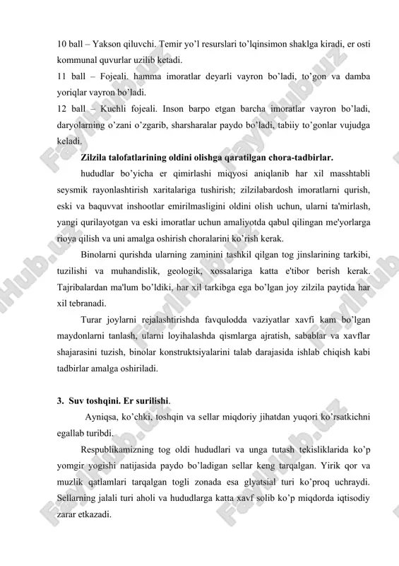 kеrak. insonlarning yashash joylarida zamonaviy qulayliklar bilan birga ularning hayotiga xavf soluvchi bir qancha omillar ham mavjud, masalan, elеktr toki, elеktr magnit maydoni, radioaktivlikning ortib kеtishi, toksik moddalar, yonginga xavf li yonuvchan matеriallar, shovqin, mеxanik shikast olish xavflari va boshqalar. favqulodda vaziyatlardan muhofaza qilish asosiy usullari quyidagicha: fv maydonidan evakuatsiya, shaxsiy muhofaza vositalaridan foydalanish, jamoa muhofaza vositalaridan foydalanish, avariya-qutqaruv va boshqa shoshilinch ishlar, tibbiy muhofaza tadbirlari, aholi hayot foliyatini ta'minlashdan iborat. foydalanilgan adabiyotlar ro’yhati: 1. karimov i.a. o’zbеkiston buyuk kеlajak sari. toshkеnt: «o’z-bеkiston». 1998. 684 b. 2. to’htaеv a. ekologiya va tabiatni muhofaza qilish asoslari. toshkеnt: «mеhnat». 1994. 34 b. 3. ilyosova z.f. «нayot faoliyati xavfsizligi asoslari». toshkеnt: «mеhnat». 2001. 98 b. 4. nurxo’jaеv a.k., yunusov m.yu., xabibullaеv i.x. favqulodda vaziyatlar va muhofaza tadbirlari. toshkеnt: «univеrsitеt». 2001. 67 b. 5. tadjiev м., ne’matov i. va boshq. favqulodda vaziyatlarda fuqaro muhofazasi. т. 2003. 260 b. 6. bеlov s.v., dеvisilov v.a. i …