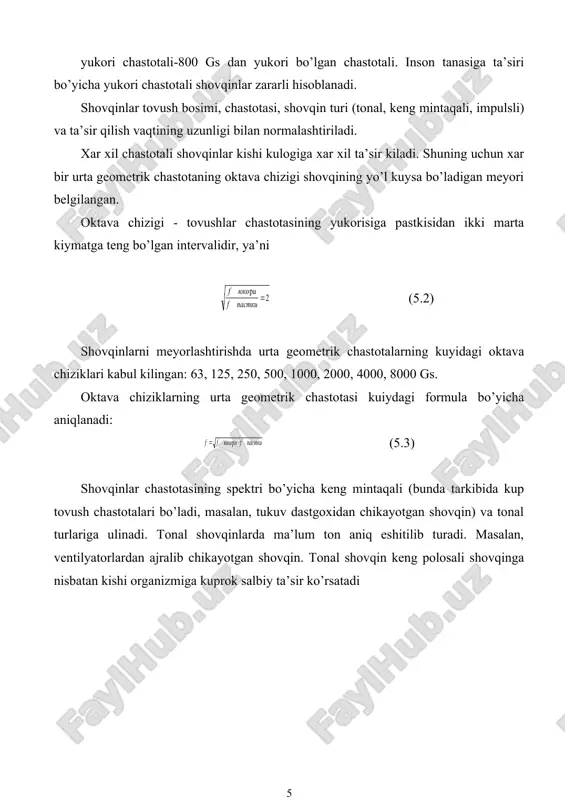 chiqarish korxonalarining domiy ish joylarida va korxonalar xududida shovqining kuyidagicha yo’l kuysa bo’ladigan darajali kabul kilingan. to’qimachilik sanoati korxonalarida shovqinni umumiy darajasiga karab chamlab baxolash mumkin. buning uchun shovqin ulchash asbobining a shkalasidan foydalaniladi va bu dba da ulchanadigan standartlashtirilgan va barcha shovqin ulchash asboblarida mavjuddir. shovqin meyorlariga, uning ta’sir qilish vaqtining uzunligiga karab tuzatishlar kiritiladi. bu tuzatishlar kuyidagi ( jadval) da keltirilgandir. jadval yo’l kuyish mumkin bo’lgan tovush bosimiga tuzatishlar. shovqin ta’siri vaqtining uzunligi, soat shovqin xarakteri keng mintaqali tonal 4 dan 8 gacha 0 -5 1 dan 4 gacha -6 -1 15 min. dan 1 s gacha -12 -7 5 min. dan 15 min. gacha -18 -13 5 mino’tgacha -24 -19 to’qimachilik korxonalarida ajralib chiqadigan shovqinlarning xaraktristikasi umumiy tarzda kuyidagi jadvalda berilgan. shunday qilib, yukoridagi jadvaldan ko’rinib turiptiki, to’qimachilik sanoatining kupgina mashina va dastgoxlarning shovqin darajali gigiyena meyorlaridan 10-20 db yukoridir. jadval to’qimachilik sanoati korxonalari mashinalarining tovush bosimi …