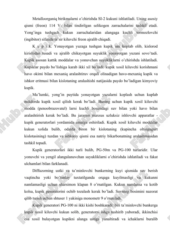 lib, pg-50m va pg-100 turlaridir. ular yonuvchi va yengil alangalanuvchan suyukliklarni o’chirishda ishlatiladi va fakat ulchamlari bilan farklanadi. diffuzorning ustki va ta’minlovchi bunkerning kuyi qismida suv berish vaqtincha yoki bo’tunlay tuxtatilganda orqaga kuyilmasligi va kukunni namlamasligi uchun sharsimon klapan 8 o’rnatilgan. kukun namlansa va kotib kolsa, kupik generatorini ochib tozalash kerak bo’ladi. suvning bosimini nazorat qilib turish uchun shtuser 1 yakiniga monometr 9 o’rnatiladi. kupik generatori pg-100 ni ikki kishi boshkaradi: biri ta’minlovchi bunkerga kupik xosil kiluvchi kukun solib, generatorni ishga tushirib yuboradi, ikkinchisi esa xosil bulayotgan kupikni alanga ustiga yunaltiradi va ichaklarni buralib kolmasligini nazorat qilib turadi. shtuserdagi suvning bosimi monometr bo’yicha ish bosimi (4-6 atm.) kiymatiga yetgach, ta’minlovchi bunkerga kukun solinadi. shu ish bosimi ostida kupik 15 m yukoriga yetkazib berila oladi. o’t o’chiruvchi ichakning diametri 75 mm bo’lganda kupik paydo bo’lish jarayoni yaxshi bo’lishi uchun ichakning uzunligi 60 m dan kam bo’lmasligi kerak. kupik generatori pg-100 ning …