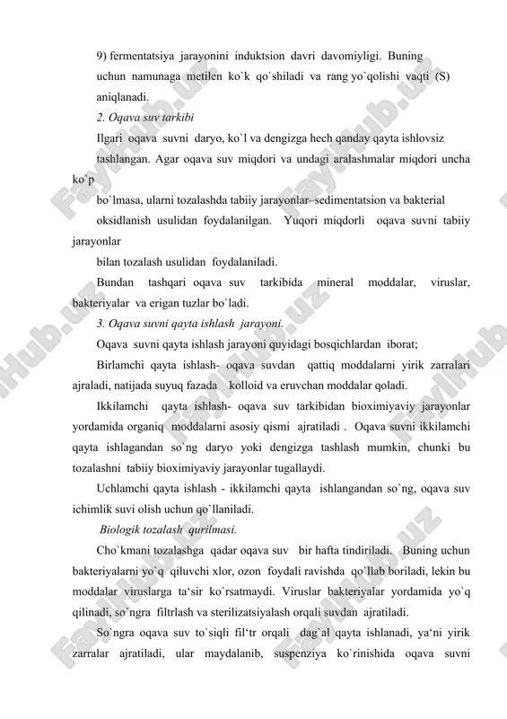 klavga qayta ishlash uchun beriladi. biologik tozalashda filtr va aerotenkadan foydalaniladi. bakterial tozalash fil‘tr diametri 40 m ga teng, bosimni yo`qotish 250-300 mm. suv ustunini tashkil etadi. sprinkler (bosim ostida suv purkaladi) birikmasi qo`llaniladi, bu birikma past qarshilikka va kirishdagi bosim o`zgarishga sezgir emas. odatda bakterial fil‘tr o`tirindi (suv oqizib kelgan) xisoblanadi-bu filtr uchun ko`p miqdorli filtrlanayotgan modda zarur, bir filtrni unumdorligi 80% ga teng. ish unumdorligini oshirish uchun filtrlar to`plamidan yoki uyum retsirkulyatsiyadan foydalaniladi. 2. cho`kmani qayta ishlash. bakterial tozalash tanki to`g`riburchakli yoki silindr tuzilishga ega bo`ladi. suv qatlami balandligi 3,5-7 m.ni tashkil etadi; havo ventilyator yordamida beriladi hamda diffuzor orqali taqsimlanadi yoki g`ovaksimon membrana orqali ham o`tkaziladi. havo sarfi avtomatik ravishda potentsiometr yordamida aralashma miqdoriga bog`liq holda boshqariladi. qayta ishlash vaqti odatda 1,5-3 soat. qoldiq chukma teleskopik yoki avtomatik zatvor (mashinani qulflovchi mexanizm) orqali ajratiladi va birlamchi cho`ktirishga qaytariladi. biologik tozalangan suvni daryoga tashlash mumkin. agar suvni shahar …
