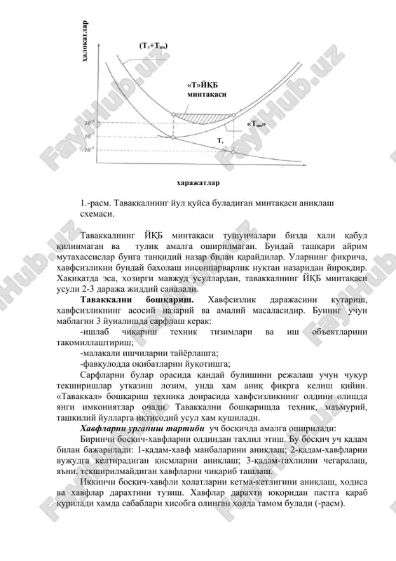 а оқибатларни йуқотишга; сарфларни булар орасида қандай булишини режалаш учун чуқур текширишлар утказиш лозим, унда хам аниқ фикрга келиш қийин. «таваккал» бошқариш техника доирасида хавфсизликнинг олдини олишда янги имкониятлар очади. таваккални бошқаришда техник, маъмурий, ташкилий йулларга иқтисодий усул хам қушилади. хавфларни урганиш тартиби уч босқичда амалга оширилади: биринчи босқич-хавфларни олдиндан тахлил этиш. бу босқич уч қадам билан бажарилади: 1-қадам-хавф манбаларини аниқлаш; 2-қадам-хавфларни вужудга келтирадиган қисмларни аниқлаш; 3-қадам-тахлилни чегаралаш, яъни, текширилмайдиган хавфларни чиқариб ташлаш. иккинчи босқич-хавфли холатларни кетма-кетлигини аниқлаш, ходиса ва хавфлар дарахтини тузиш. хавфлар дарахти юқоридан пастга қараб қурилади хамда сабаблари хисобга олинган холда тамом булади (-расм). учинчи босқич-оқибатларни тахлил қилиш. хавфсизлик тизими, бу-хавфсизликнинг мураккаб масалаларини хал қилиш йулларини тайёрлаш ва асослашда фойдаланиладиган методологик чоралар йигиндисидир. узаро таъсири билан аниқ бир мақсадга етиштирадиган алоқадор қисмлар йигиндиси тизим деб аталади. тизим деганда биргина моддий объектдан ташқари алоқалар ва богланишлар хам тушунилади. хар қандай созланган машина техник тизимга мисол булиши мумкин. таркибига …