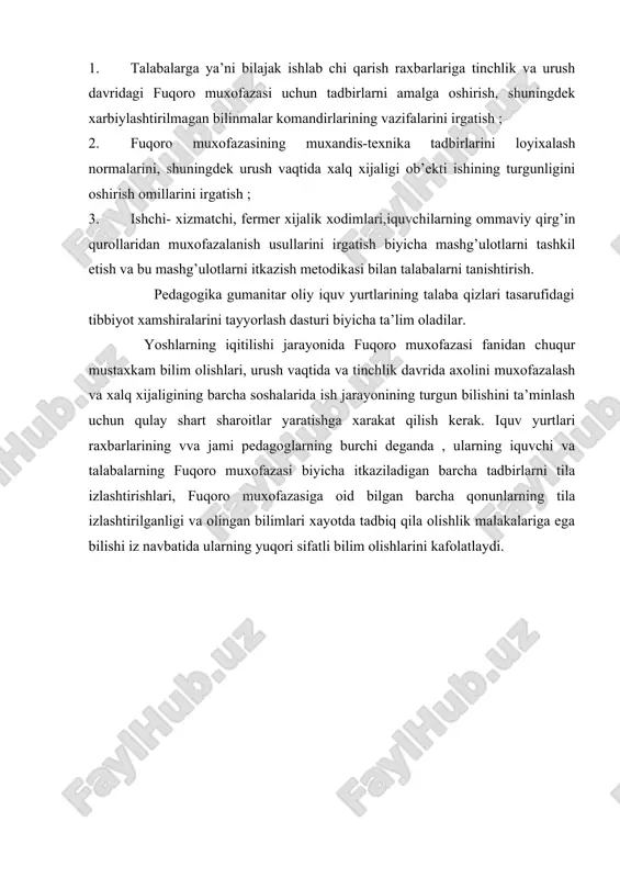 ituti – 2001 yil. 3.n.d. kozmin, x.i. to’ychiyev “aholini yalpi qirg’in qurullaridan himoya qilish vositalari va usullari”. o’zbekiston nashriyoti. toshkent., 1977 yil. 4.z. ilyasova “hayot havfsizligi asoslari”. o’quv qo’llanma. fuqaro muhofazasi instituti, toshkent – 2001 yil. 5. www.ziyonet.uz