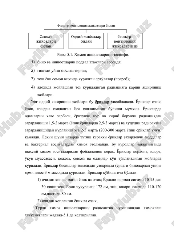 нингдек темир йўл станциялари ва автомобил йўли магистрларига якин бўлиши керак. эвакуация тури кулами эвакуация килинадиганлар сони локал эвакуация шахар туманлари, кишлок ахоли пунктлари бир неча минг махаллий эвакуация шахарлар, катта шахар туманлари бир неча ун минг минтакавий эвакуация бир ёки бир неча худудлари 10 мингдан юкори расм-5.2. эвакуация турлари. таркоклаштириш ва эвакуация шахар ахолисини зичлигини пасайтириб ахоли йукотишларини камайтиради. ишчи, хизматчилар ва уларнинг оилаларини таркоклаштириш ва эвакуация килиш ишлаб чикариш принципига кўра, яъни объект линияси бўйича бўйича, ишлаб чикариш билан боглик бўлмаган ахолини эвакуация килиш эса яшаш жойи бўйича уй бошкармалари, жэк лар оркали амалга оширилади. эвакуация тадбирларни ташкил этиш ва ўтказиш билан бевосита фм бошлиги ва штаби ва шахарларда эса тузиладиган эвакуация комиссияси шугулланади. эвакуация ва таркоклаштириш учун барча жамоат транспорти (темир йўл, автомобиль, сув транспорти) ва шунингдек шахсий фойдаланиш транспорти ишлатилади. ахолини бир кисми пиёда холда олиб чикилиши мумкин. бунда йўллар бўйича коллоналар ташкил килинади ва маршрут …