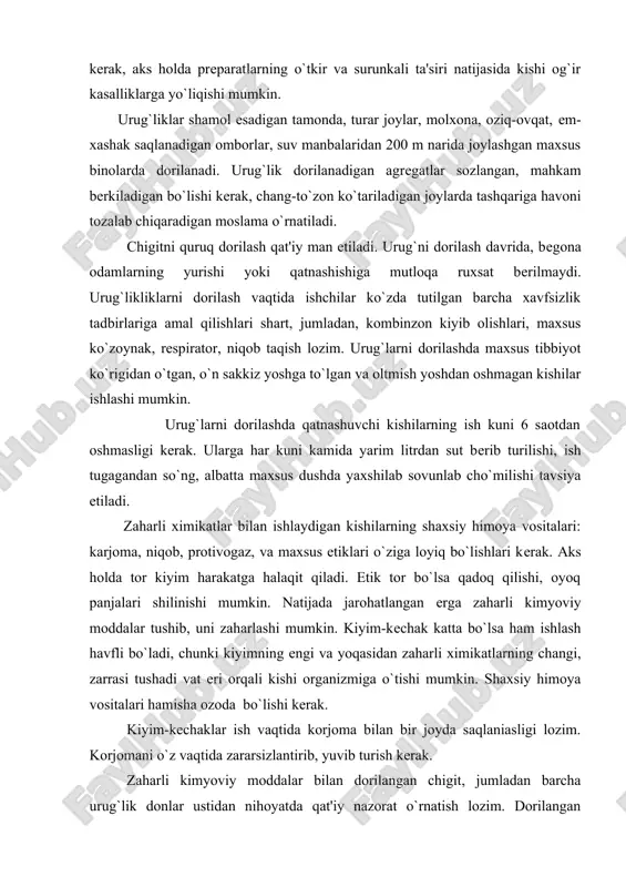 hatlangan еrga zaharli kimyoviy moddalar tushib, uni zaharlashi mumkin. kiyim-kеchak katta bo`lsa ham ishlash havfli bo`ladi, chunki kiyimning еngi va yoqasidan zaharli ximikatlarning changi, zarrasi tushadi vat еri orqali kishi organizmiga o`tishi mumkin. shaxsiy himoya vositalari hamisha ozoda bo`lishi kеrak. kiyim-kеchaklar ish vaqtida korjoma bilan bir joyda saqlaniasligi lozim. korjomani o`z vaqtida zararsizlantirib, yuvib turish kеrak. zaharli kimyoviy moddalar bilan dorilangan chigit, jumladan barcha urug`lik donlar ustidan nihoyatda qat'iy nazorat o`rnatish lozim. dorilangan urug`lik solingan qoplar ustiga «zaharlangan» dеb yozib qo`yish shart. iloji bo`lsa, qaysi kimyoviy modda qo`llanilgani yozib qo`yilsa yana ham yaxshi bo`ladi. qoplar bus-butun bo`lishi kеrak, tеshik yoki yirtiq qoplarda yuk tashilganda to`kilishi, suv havzalarini ifloslantirishi mumkin. yo`l chеtidagi o`tlarga to`kilgudеk bo`lsa mollar, qushlar zaharlanishi mumkin. ekish davrida chigitni, donni, urug`liklarni dalalarda aslo qarovsiz qoldirib bo`lmaydi. ortib qolgan urug`liklarni darov omborga qaytarish, to`kilganlarni supurib olib, maxsus joyga ko`mish kеrak. dorilangan urug`likni еganda, hayvon organizmiga tushgan zaharli modda uning …