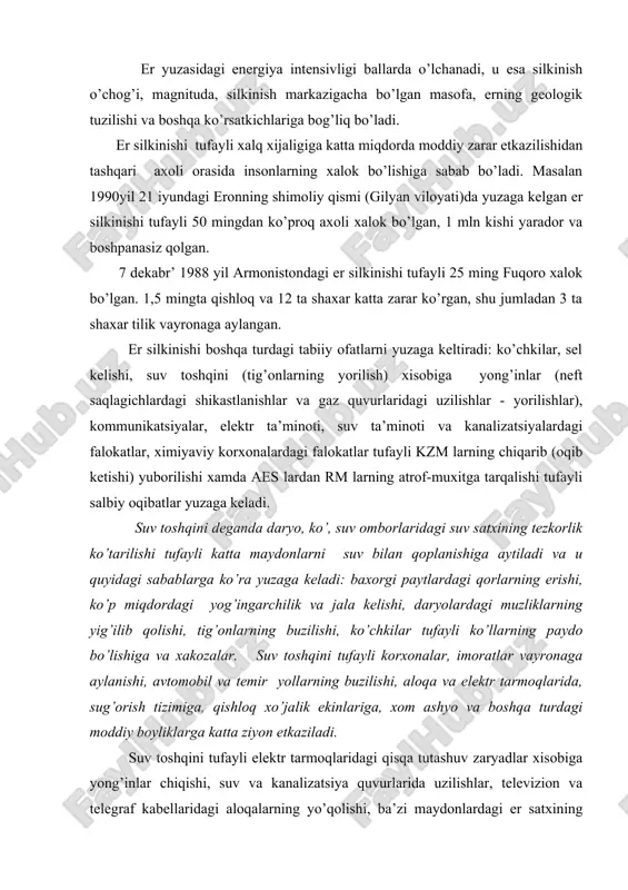 ishi tufayli salbiy oqibatlar yuzaga keladi. suv toshqini deganda daryo, ko’, suv omborlaridagi suv satxining tezkorlik ko’tarilishi tufayli katta maydonlarni suv bilan qoplanishiga aytiladi va u quyidagi sabablarga ko’ra yuzaga keladi: baxorgi paytlardagi qorlarning erishi, ko’p miqdordagi yog’ingarchilik va jala kelishi, daryolardagi muzliklarning yig’ilib qolishi, tig’onlarning buzilishi, ko’chkilar tufayli ko’llarning paydo bo’lishiga va xakozalar. suv toshqini tufayli korxonalar, imoratlar vayronaga aylanishi, avtomobil va temir yollarning buzilishi, aloqa va elektr tarmoqlarida, sug’orish tizimiga, qishloq xo’jalik ekinlariga, xom ashyo va boshqa turdagi moddiy boyliklarga katta ziyon etkaziladi. suv toshqini tufayli elektr tarmoqlaridagi qisqa tutashuv zaryadlar xisobiga yong’inlar chiqishi, suv va kanalizatsiya quvurlarida uzilishlar, televizion va telegraf kabellaridagi aloqalarning yo’qolishi, ba’zi maydonlardagi er satxining chiqishi xisobiga uzilishlar paydo bo’ladi. suv toshqinlarining oldini olishda suvning taqsimot sarflanishini doimiy nazorat qilib borish, daraxtlar ekish va suv toshqini bo’ladigan xududlarda ko’ndalangiga ishlov berish kabi ishlarni bajarish zarur. katta daryolar uchun suv omborlarini qurish va sarflanishi nazorat …