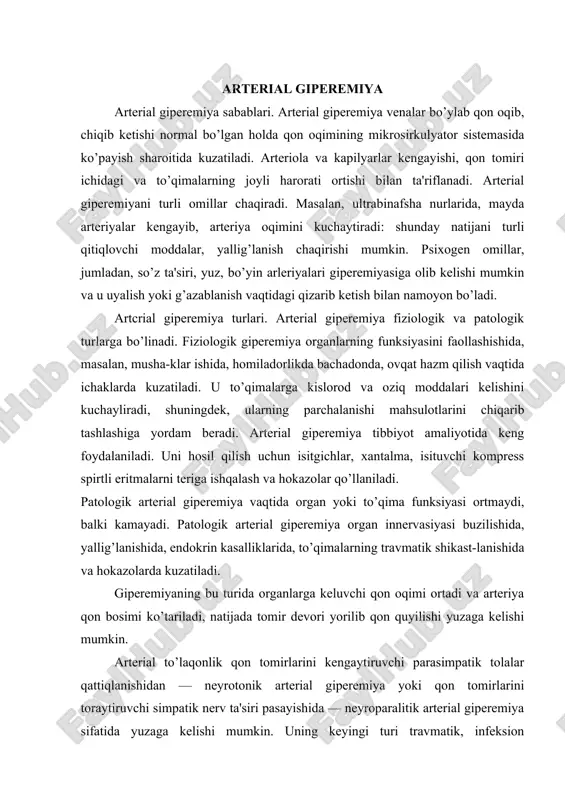 arteriya qon bosimi ko’tariladi, natijada tomir devori yorilib qon quyilishi yuzaga kelishi mumkin. arterial to’laqonlik qon tomirlarini kengaytiruvchi parasimpatik tolalar qattiqlanishidan — neyrotonik arterial giperemiya yoki qon tomirlarini toraytiruvchi simpatik nerv ta'siri pasayishida — neyroparalitik arterial giperemiya sifatida yuzaga kelishi mumkin. uning keyingi turi travmatik, infeksion kasalliklarda simpatik nerv shikastla-nishida paydo bo’ladi. arterial to’laqonlik belgilari: arterial giperemiya yuzaga kelganligi teri yuzasida yaxshi ko’zga tashlanadi (17-rasm). qon oqimi kuchayishi natijasida qizarish, arteriya tomiri pulsasiyasining ortishi, mikrosirkulyator tarmoq o’zgari-shi — arteriolalar kengayishi, kapilyar tomirlarda qon oqimining tezligining ortishi, limfa oqimining ortishi kabilar kuzatiladi. arterial to’laqonlikning ahamiyati. odatda arterial to’laqonlik organlarni kislorod, oziq moddalari, vitaminlar bo’ladi. organ hajm jihatidan kattalashib unda dimlanish shishi yuzaga keladi. oksidlanish jarayoni kamayib ketishi tufayli organ va to’qima harorati tushib ketadi. venoz giperemiya vaqtida terida qonga to’lishgan, kengaygan, buralgan venalar yaqqol ko’zga tashlanadi, ularda qon bosimi ko’tarilgan, qon oqimi kamaygan bo’ladi (17-b rasmga qaralsin). venalarda qon bosimi haddan …