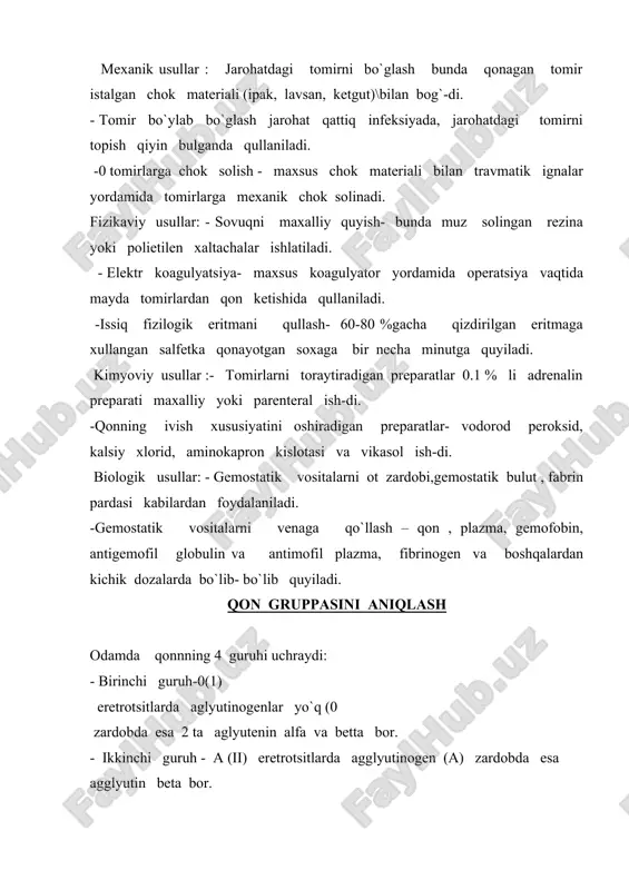 reaksiyasini aniqlash uchun zardobga bir tomchdan fiz. eritma qo`shialdi. agar natijada: a) uchala aralashtirlgan tomchilarda aglyutinatsiya ro`y bermasa, bu tekshirilayotgan qon o(i), b) o(i) va b(iii) zardobalr bilan aglyutinatsiya ro`y bersa qon guruhi a(ii) bo`ladi. b (i) hamdaa (ii) zardobi bilan aglyutinatsiya ro`y bersa, b (iii) qon guruhi bo`ladi. g) uchala aralashtirilgan z ardobgda aglyutinatsiya reaksiyasi bo`lsa, ab(iv ) guruhi bo`ladi. xato qilmaslik uchun guruhi 2 seriyadagi standart zardob bilan aniqlanadi. agar uchala zardob bilan aglyutinatsiya ro`y bersa ab (iv) qon guruhini ab (iv) qon guruhi zardobi bilan qo`shimcha aniqlash o`tkazish zarur\ bo`ladi qon qo`yish qon quyiosh tirik to`qimani ko`chirib o`tkazish bo`lib, bemor organizmiga xar tomonlama ta`sir q iladi. shuninig uchun xam bu mutloq ko`rsatmalar bo`lgandagina bajarilishi shart. qon qo`yish qat`iy tartib bilan amalga oshiriladi. retsipientnin qon guruhi va rezus mosligi aniqlanadi. donor qoni to`g`risida ham ana shunday ma`lumotlar bo`lishi kerak. qon qo`yishdan oldin bu ko`rsatkichlar yana bir bor aniqlanadi. …