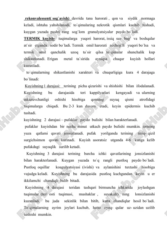 talarni neytrallash uchun 2% li soda eritmasi qullaniladi. qattiq kuyishda bu soxaga bur kukuki, kuydirilgan magneziydan mul qilib sepiladi. teriga yonib turgan fosfor bulakchalari tushganda gavdaning shu qismini suvga botirib turish, fosfor qoldig`ini pinset bilan olib tashlash kerak. shikastlangan sohaga 5% mis kuporosi eritmasiga xullangan bog`lam quyiladi yoki talk sepiladi. sovuq urishi. sovuq urishi past harorat ta`sir etgand a kelib chiqadi. bunda bemor a`zolarini noqulay sharoitlar : ho`l, tor poyafzal, holdan toyish paytida gradus da va hatto undan past haroratda sovuq urishi mumkin. kupincha qul va oyoq barmoqlari, quloq burun sovuq uradi. sovuq urishning 4 darajasi farq qilinadi: 1 darajasi terining oqarishi va sezuvchanligining yuqolishi bilan xarakterlanadi. bemor isitilganidan keyin terisining shu qismi kukimtir – qizil bo`lib qoladi, ozgina shishadi va og`riydi . sog`yishdan oldin odam sovuqqa sezgir bulib qoaldi, ba`zan terining kukimtir rangi saqlanib qoladi. 2 – darajasiga qon aylanishining birmuncha chuqur buzilishi kuzatilib, keyinroq tiniq suyuqlik bilan tulgan …