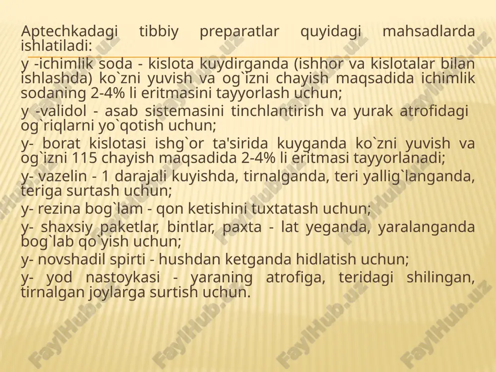 va infeksiya tuhshishining oldini olish tashkil etadi. jarohatga bog`lam qo`yishdan oldin gavdaninig shu qismidagi kiyim yoki poyafzalni ehtiyotlik bilan echish lozim. vaqtinchalik qon tuxtatishdan so`ng transport immobilizatsiyasi tegishli qoidalar asosoda bajarilishi va bemor davolash muassasalariga yotqiziladi. shifokor kelguncha beriladigan yordamni tibbiyot xamshirasi jarohat yuz bergna joyda tug`ri ko`rsata bilishi kerak. keyin bemorga qoqsholga qarshi zardob yuborish, uni ixtisoslashgan davolash muassasiga jo`natish kerak. jarohat yuzasini tozalash va birlamchi chok solish. muolajaning bu turini kichikroq yuza jarohatlari bol`gan bemorlarda yoki atroflari tekis, ifloslanmagan va ichkarida joylashgan to`qimalar hamda anchagina shikastlangan kesilgan jarohatlarda bajariladi . jarohat atrofi soch yoki jundan tozalanadi, teri spirt bilan artiladi a yod eritmasi surtiladi. jarohatga birlamchi xirurgik ishlov berish bunda jarohat chekkalari, devorlari va tubini sog`lom to`qimalarigacha kesish, uni aseptic jarohatga aylantirish prinsipi yotadi. jarohat og`riqsizlantiriladi, tozallanadi, qon oqishi uzil- kesil tuxtatiladi. ichki tomondan ketgut chok solish va terini ipak bilan choklash yordamida jarohat chekkalari bir – biriga …