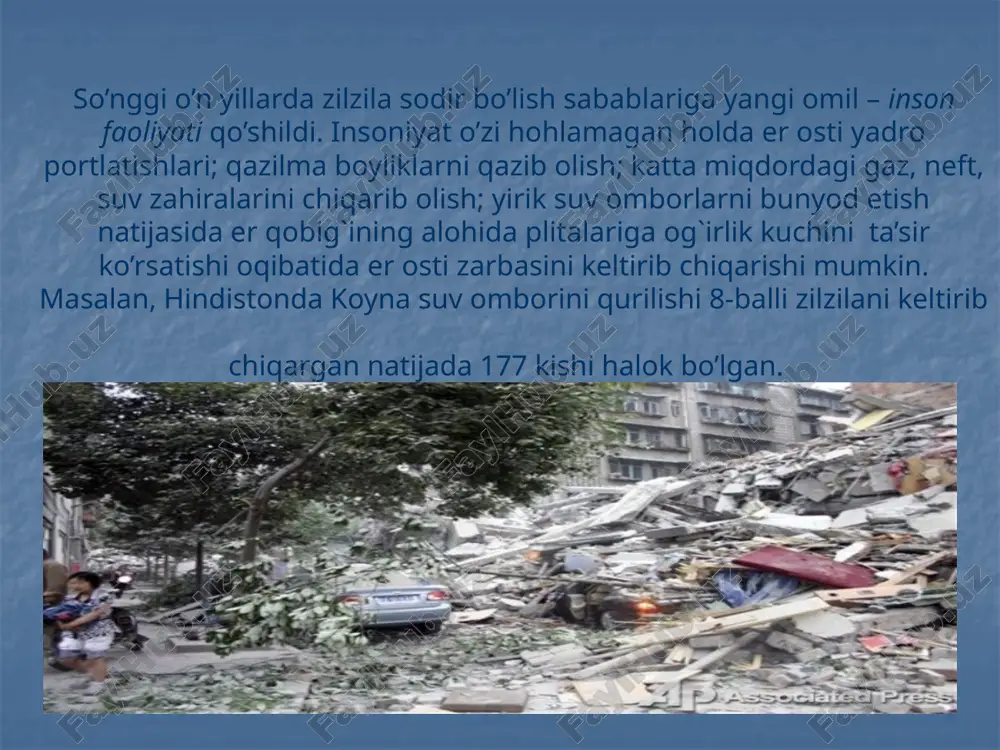 harakat qiling; zilzila vaqtida lift yoki zinalardan foydalanmang. zilziladan so’ng: sarosimaga tushmay xotirjamlik bilan vaziyatni baholang, jabrlanganlarga va bolalarga yordam berishga kirishing; suv, gaz, elektr tarmoqlari holatini tekshiring, ishdan chiqqan bo’lsa foydalanmang; shikastlangan binolarga kirishda ehtiyot bo’lib harakat qiling; telefon tarmoqlarini ortiqcha band qilmang; zilzila qaytishiga tayyor turing, berilayotgan axborotlarni kuzatib boring. demak, zilzila vayronkor kuchga ega ekanligi bilan tabiiy ofatlar ichida ajralib turadi. shuning uchun zilzilagacha, zilzila vaqtida va zilziladan so’nggi harakatlarni etarli darajada o’zlashtirib oling. oxirgi yillar ichida pokiston, indoneziya, turkiya, peru, chili va gaitida sodir bo‘lgan yer qimirlashlari natijasida minglab kishilar hayotdan ko‘z yumdi. kamida shuncha kishi boshpanasiz qoldi. geologik nuqtai nazardan notinch himolay tog‘ tizmasi kelajakda yana ham kuchliroq zilzilalarni keltirib chiqarish ehtimoli katta. bu holat zilzilaning oldindan bilish zaruratining globalligini ko‘rsatmoqda. образец текста второй уровень третий уровень четвертый уровень пятый уровень ammo zilzilani bilish juda ham murakkab masala ekani yaxshi ma'lum. shunga qaramasdan, ma'lum natijalarni …