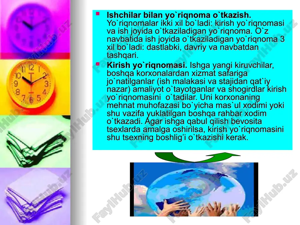 tomatlashtirish, shamollatish va sanitariya-gigienaga oid uskunalarni joriy etish; -mehnat muhofazasi, ishlab chiqarish madaniyati va texnik estetika bo`yicha tajriba almashish ishiga rahbarlik qilish; -ishchilarga o`z vaqtida sifatli korjoma, maxsus poyafzal va yakka tartibdagi himoya vositalari berilishini nazorat qilish; -xavfsizlik yo`llari, ishlab chiqarish sanitariyasiga doir amaldagi qoidalarga, kasaba uyushmasi texnik nazoratchisi va jamoatchi nazoratchilarning mehnat muhofazasiga doir buyruqlarga amal qilinishini nazorat etish; -belgilangan muddatlarda ishlab chiqarishda ro`y bergan shikastlanish to`g’risidagi hisobotlarni, mehnat sharoitini sog’lamlashtirishga ajratilgan mablag’larning sarflanishini nazorat qiladi. bosh mexanik, energetikning vakolati quyidagilar kiradi: -binolar inshootlar, energotizmlar, turli uskunalarni profilaktik ko`zdan kechirish va reja asosida tuzatishlarning to`g’ri tashkil etilishi hamda o`z vaqtida o`tkazilishiga, shuningdek, tuzatish ishlarining xavfsiz bajarilishni ta`minlash; -kranlar va boshqa turdagi yuk ko`tarish mexanizmlari hamda dastgohlari, mexanik uskunalardan, bosim ostida ishlaydigan bak, suv isitish qozonlari, apparatlar, idishlar hamda uskunalarni o`z vaqtida texnik tekshiruvdan o`tkazilishini ta`minlash; -nomenklaturadagi tadbirlarga doir bitimga muvofiq mehnat muhofazasiga oid tashkiliy-texnik tadbirlarning o`z vaqtida amalga oshirilishini …