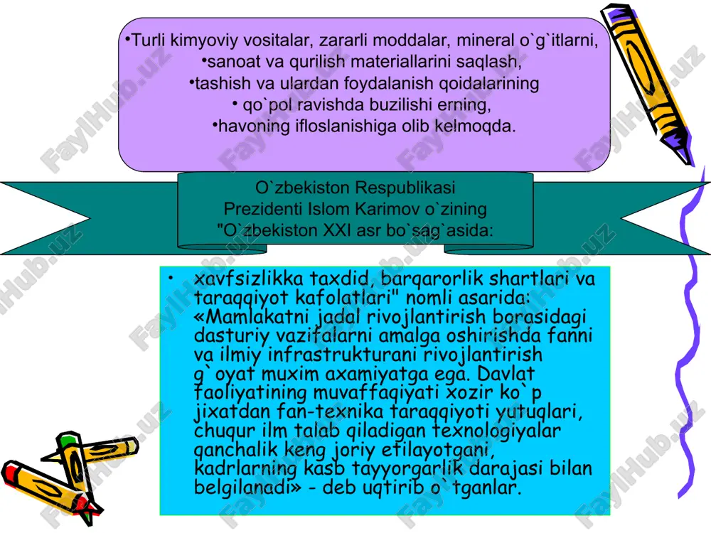 chiqarish omillarining, ya`ni kasalliklar keltirib chiqaradigan omillarning ishchilarga ta`sirini oldini oladigan tashkiliy, gigienik va sanitariya-texnikaviy tadbirlar va vositalar majmui. xavflar, yashirin va xaqiqiy (yaqqol) xavflar. xavflar - yashirin (potentsial) va xaqiqiy bo`ladi. yashirin xavflar amalga oshishi uchun aniq shartlar bo`lishi lozim. bu shartlar sabab deb ataladi. xavf va sabablarni misollarda (raqamlarda) ko`rish mumkin: 1. so`nggi 30 yil ichida (1969-1990 y.) tabiiy ofatlar ikki marta ko`paygan; 1909 yildan 1974 yilgacha asabiy kasalliklar 24 marta ko`paygan; 3. dunyoda 500 mln.ga yaqin nogironlar bo`lib, ularning 1/5 qismi baxtsiz hodisa natijasida bo`lgan. har qanday faoliyat yashirin (potentsial) xavflidir. shu bilan birga xavf darajasini boshqarish ham mumkin. bu fikr mutlaqo xavfsiz faoliyat bo`lmasligiga asoslangan. xavfsizlik - bu ayrim extimollarga asoslanib paydo bo`ladigan xavf-xatarlarni istisno etilgan faoliyat holatidir. xavfsizlik - bu maqsad, hfx bo`lsa shu maqsadga erishish uchun qo`llaniladigan vositalar, yo`l-yo`riq, qo`llanmalar, usullardir. hfx - bu xavf-xatarlarni o`rganish va insonni himoya qilishni o`rganadigan fandir. hayotiy faoliyat …