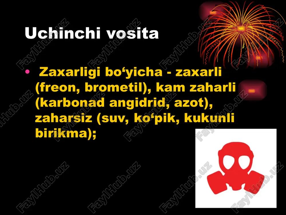 o2 oksidi zaharli gazdir. takrorlash uchun savollar: 1. o‘t o‘chirish qurilmalari nima maqsadda qo‘llaniladiq 2. o‘t o‘chirish moslamalari necha turga bo‘linadiq 3. oub-3 o‘t o‘chirish qurilmasining ishlash prinsipi nimaga asoslanganq adabiyotlar: 1.g’.yo.yormatov. hayotiy faoliyat xavfsizligi. toshkent, “mehnat” 2009. 2. o. qudratov, t. g’aniyev. hayotiy faoliyat xavfsizligi. toshkent, “mehnat” 2004. 3. o. qudratov, t. g’aniyev. mehnat muhofazasi. toshkent “o’zinkomtsentr” 2002. 4. x.rahimova, a.a‘zamov, t.tursunov. mehnatni muhofaza qilish. toshkent, “o’zbekiston” 2003. 5. jamilov m, parmonov a. “inson faoliyati xavfsizligi”. toshkent. tpdu. 2000.