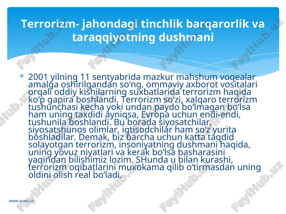 . «o‘zbekiston», 1999. o‘zbekiston respublikasi konstituqiyasi. t., 1998. «fuqaro muhofazasi to‘g‘risida» 26.05.2000 yil qabul qilingan o‘zbekiston respublikasi qonuni. m. tojiev, i.ne’matov, m.ilhomov. favqulodda vaziyatlar va fuqaro muhofazasi. toshkent, 2002 yil. o.qudratov, t.g‘aniev “favqulodda vaziyatlarda fuqaro muhofazasi”, toshkent 2005 y. o.qudratov, t.g‘aniev, o‘.yo‘ldashev, f.yu.yormatov, m.xabibullaev, a.d.xudoev “hayotiy faoliyat havfsizligi” t. 2005. grajdanskaya oborono (e.p.shubin taxriri ostida). m. «proeveщenie», 1991 g. adabiyotlar www.arxiv.uz www.arxiv.uz