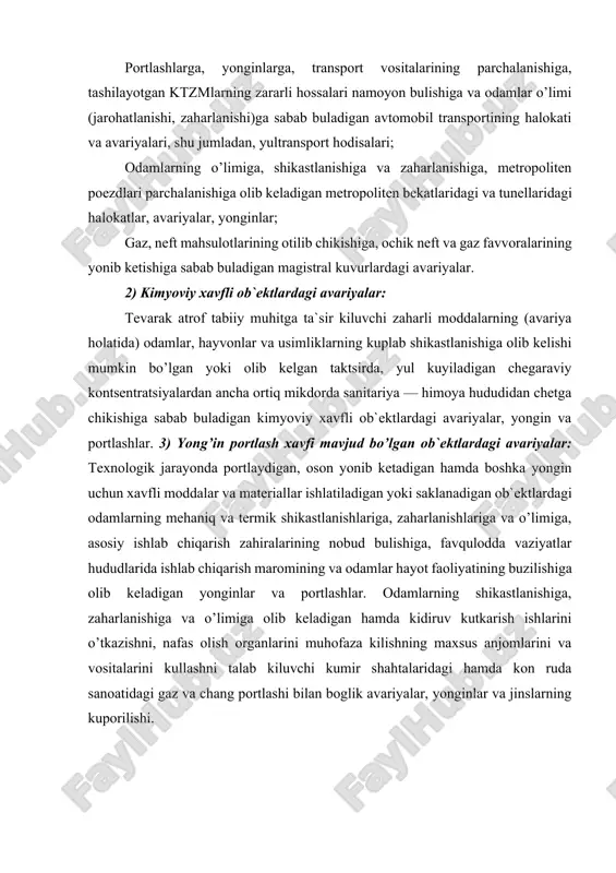 idagi avariyalar, yonginlar, aholi hayotfaoliyatining buzilishiga va salomatligiga xavf tugilishiga olib keladigan gaz kuvurlartsdagi, suv chiqarish inshootlaridagi, suv kuvurlaridagi, kanalizatsiya va boshka kommunal ob`ektlardagi avariyalar; atmosfera, tuprok, osti va usti suvlarining odamlar salomatligiga xavf tugdiruvchi darajada kontsentratsiyadagi zararli moddalar bilan ifloslanishiga sabab buladigan gaz tozalash qurilmalaridagi, biologik va boshka tozalash inshootlaridagi avariyalar. 5) bino va inshootlarning birdan kulab tushishi bilan boglik avariyalar: odamlar o’limi bilan boglik bo’lgan va zudlik bilan avariyakutkaruv o’tkazilishini hamda zarar kurganlarga shoshshshnch tibbiy yordam kursatilishini talab kiladigan maktablar, kasalxonalar, kinoteatrlar va boshka ijtimoiy yunalishdagi ob`ektlar, shuningdek, uyjoy sektori binolari konstruktsiyalarining tusatdan buzilishi, yonginlar, gaz portlashi va boshka hodisalar. 6) radioaktiv va boshka xavfli hamda ekologik jihatdan zararli moddalardan foydalanshi yoki ularni saklash bilan boglik avariyalar: sanitariya himoya hududi tashkariga chikarib tashlanishi natijasida paydo buladigan yuqori darajadagi radioaktivlik odamlarning yul kuyiladigan kup mikdorda nurlanishini keltirib chikaradigan texnologik jarayonda radioaktiv moddalardan foydalanadigan ob`ektlardagi avariyalar; radioaktiv materiallarni tashish vakgidagi …