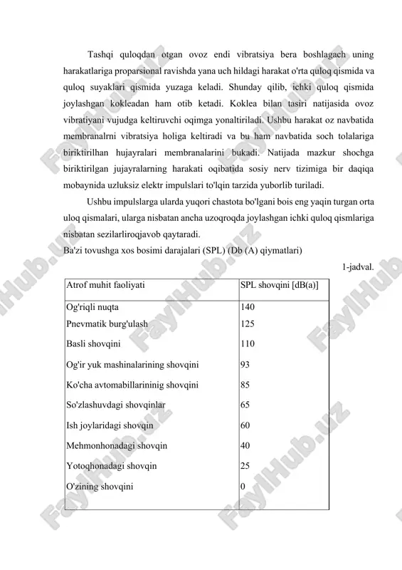 umuman eshitilmay qoladi. bu belgilangan chegara esa 4000hz chastotadir. 3 - tinnitus - bu tur huddu kuchli shovqin formasi ning huddi ozi faqat unidan yagona farqi shundaki unung oqibatida zarar doimiy bolib qoladi. shuni qayd etish joizki agar shovqinning bosqichi ozgarmay qolsa, shovqin - natijasida insonning eshitish qobilyati asta - sekin yoqolib boradi va bu esa boshlanglch almashish chastotalarning sonini ortirib yuboaradi. ishdagi shovqin nazorati ishchilarning ish jarayonidagi shovqinlarning zararlilik bosqichlarini organib chiqdi va quloq eshitish qobilyati uchun zararli boigan bosqichdan boshlab ulardan saqlanish kerakliligini aniqladi. biroq biz ular haqida toxtalib otishimizdan oldin shovqinning baholnishini organib chiqishimiz lozim. shovqinni baholanishi ovoz tezligi barchaga malum boigan birlik bolmish bosimlarda (passkal) puflash orqali olchanadi. agar shovqin ham aynan shu yo'sinda bahollanganida edi 1 da, 1 milliongacha oraliqda boigan skalllar kerak boigan edi. ushbu ovoz bosimi bosqichi ancha qulay, sababi: 1 - arifmetik amallar logarifning oninchi asosida bolgani uchun ancha soddalashdi va skallar …