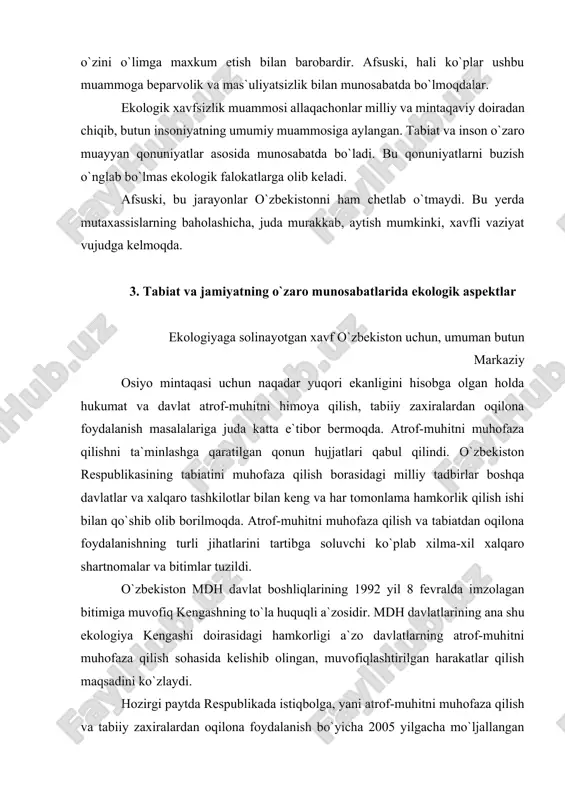 olingan, muvofiqlashtirilgan harakatlar qilish maqsadini ko`zlaydi. hozirgi paytda respublikada istiqbolga, yani atrof-muhitni muhofaza qilish va tabiiy zaxiralardan oqilona foydalanish bo`yicha 2005 yilgacha mo`ljallangan davlat dasturi ishlab chiqilgan. tabiatdan oqilona foydalanish va uni muhofaza qilish sohasidagi butun faoliyati ana shu dastur asosida tashkil etilgan. dasturda respublika ekologik vaziyatini sog`lomlashtirish, yirik shaharlar va shahar aglomeratsiyalari kabilarda ekologik keskinlikka barham berish yo`llari belgilangan. ekologik xavfsizlikni kuchaytirishning hozirgi asosiy yo`nalishlari quyidagilardan iborat: 1. tegishli texnologiyalarni ishlab chiqish va joriy qilish. qishloq o`rmon va boshqa xo`jalik tarmoqlaridagi tabiiy jarayonlarning keskin buzilishiga olib keladigan barcha zaharli kimyoviy moddalarni qo`llash ustidan qattiq nazorat o`rnatish. havo va suv muhitini insonning hayotiy faoliyati uchun zararli yoki salbiy ta`sir etadigan moddalar bilan ifloslantirilishini to`xtatish. qishloq xo`jalik ekinlarini, eng avvalo, g`o`zani sug`orishda suvni tejaydigan texnologiyalarni keng joriy etish muhim ahamiyatga ega. kollektor zovur suvlarini daryolar va suv omborlariga tashlashni tartibga solish va oqava suvlarni chiqarib yuborishni batamom to`xtatish zarur. sanoat korxonalarida …