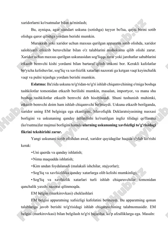 di; • u ba'zi en (evropa hamjamiyati)ning en marking tomonidan belgilangan mujassamlashgan standartlariga javob bermaydigan uskunalar, masalan, yog'ochni qayta ishlovchi uskunalarning tekshirilishiga ruxsat beradi (masalan, bs en). 2-rasm. tipik muvofiqlik sertifikati shu narsa ayonki, u o'z kamchiliklariga ham ega. masalan: · qo'llanmalar juda ham uzun bo'lgan. ba'zida talab qilinayotgan tillar soni sababli u ikkita kitobdan iborat; · tarjima yomon sifatda bo'lishi mumkin va qo'llanmaning asl ma'nosi o'zgartirilgan holda berilgan bo'lishi mumkin; · ishlab chiqruvchilar yolg'ondakam em belgisini yopishtirib qo'yishi mumkin; · ishlab chiqaruvchilar xavfsizlik qonunlari bilan muvofiqlik to'g'risidagi da'vosida xatoga yo'l qo'ygan bo'lishi mumkin. apparatning xavfli qismlariga bo'lgan ruxsat(access)ning oldini olish puwerning farmoyishi (qoidasi) 11(1) apparatning xavfli qismlariga ruxsatning oldini olish uchun samarali tadbirlar o'tkazish uchun yoki har qanday shaxsningxavf zonasiga kirishidan oldin ularning harakatini to'xtatish uchun ishchlarni talab qiladi. ushbu farmoyish shuningdek. "xavfli qism" termini sud qarorlari orqali sog'liq va xavsizlik qonunida o'rnatilgan. amaliyotda bu anglatadiki, agar uskunaning bir …
