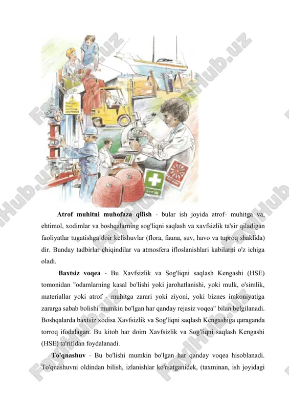 t organlariga hisobot beradi. kran yoki havoza ag'darilishi, har qanday yo'lovchi tashuvchi uskunaning buzilishi bunga misol bo'la oladi. xavf va xatar - xavf bu mohiyatning salohiyati bo'lib, zarar yetkazuvchi shaxs, harakat yoki jarayon hisoblanadi. xavf ko'p ko'rinishlarga ega, masalan, kimyoviy moddalar, elektr va narvon ustidagi ish. xatar bu mohiyatning ehtimolligi bo'lib, faoliyatni yoki jarayonning zarar yetkazishga bo'lgan ehtimolini bildiradi. xatarni kamaytirsa bo'ladi va xavfni esa yaxshi nazoratchi tomonidan boshqarsa bo'ladi. xavf va xatar iboralarini farqlash juda muhim sanaladi - ikki atamalar tez-tez yanglishtiriladi va qurilish ishlari kabi ishlarni yuqori xavfda bo'lsa ham tez-tez yuqori darajadagi xatar deyishadi. xavf yuqori bo'lishda davom etgan sari, xatar kamaytiriladi. 2 ish joyida xavfsizlik va sig'liqni saqlashni yaxshi standartlarini targ'ib qilish uchun ahloqiy, huquqiy va moliyaviy sabalari ko'p ish yurituvchilarning yangi tashkilotda ish boshlaganlarida yuzlanadigan birinchi muammosi o'zlarining yangi mavqe'ilarini ahamiyatini tushuntirish va jamoa a'zolari bilan yaxshi aloqani o'rnatish hisoblanadi. sog'liqni saqlash va xavfsizlik bilan …