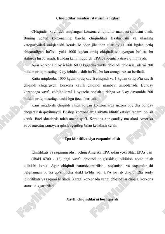 o’shib bo’lmaydigan kimyoviy chiqindilar xam aloxida saqlanadi va idish yuqorisida 3 futt miqdorda bo’sh qoldiriladi. ularga xavfli chiqindilarga tegishli bo’lgan belgilar qoyildi. cercla 1976 – yil kongressga rcra taqdim etilgandan so’ng atrof muxit muxofazasida xavfli chiqindilar muammolari namoyon bo’ldi. 70 – yillar oxiriga kelib bunday muammolar kongress oldida ancha kamchiliklar borligini korsatdi. new york va niagara sharsharasi oldida xix asrda ochilgan suv yolini bog’lovchi kanal xx asr boshida xavli chiqindilar axlatxonasiga aylantirilgan edi. keyinchalik esa bu yer tekisalanib shu yaqin atrofda maktab va turarjoylar qurilgan edi. bu xavfli chiqindilar atrof muxitga va axoli sog’lig’iga zara keltirayotgani ma’lum bo’ldi. kongress tushundigi bu muammolarni xal qilish uchun boshqa chora ko’rish kerak. shunday qilib 1980 – yil cercla yoki superfond tashkil qilindi. superfondga, ma’sul tomonlarni, tashlanga zaxarli chiqindilarini tozalash boyicha xarajatlarni boshqarish xuquqi berildi. xarqnday xavfli chiqindi chiqarayotgan shaxs yoki korxona uni tozalash uchun bunkul ma’sul deb belgilandi. bu qonun avvalgi va yangi …