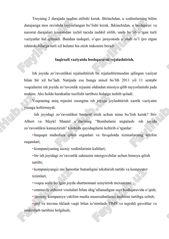 idan foydalanish kerak bo’ladi. bu qurilmalar esa klavishli kirish kabi oson bo’lishi yoki shtrix kodli va foydalanuvchining magnit kartasi kabi murakkab bo’lishi mumkin. bundan tashqari yopiq sxemali nomerli domofonlar va zummrrlar bo’lishi mumkin. erkin foydalanish nazorati amalga oshirilganda havfsizlik chiralari elementlari tashkilot tomonidan bartaraf etilishi kerak. yana bir erkin foydalanish nazorati esa bu mexmonlar uchun bo’lib, bunda tashrif buyuruvchilar maxsus joylarga imzo chekib, har safar tekshirib turiladi. ular hech qachon belgilangan nizomga rioya qilmasliklari kerak emas. xulosa qilib aytganda, har bir muasssasaga nazorat kirish qurilmalarini o’rnatish xavfli emas. xavfsizlikni buzishga esa eshiklarni ochiq qoldirish, kirish kodlarini aniqlash, reprika kalitlarini o’z ichiga oladi. your role once you have considered the possibilities, advise management of the risks your company faces. prepare a plan to deal with threats and acts of terrorism. consider employees at every level and their appropriate responses. in most cases they are instructed to evacuate. thought must be given …