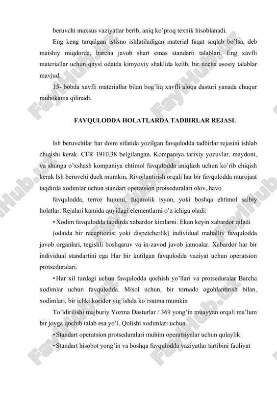 n xabar qilinadi favqulodda vaziyatlar turlari · training kam o’n xodimlari bilan ish beruvchilar yozma saqlab shart emas rejalashtirish, lekin ular har bir xodim vazifalarini uchun muloqot kerak favqulodda taqdirda. yong’in oldini olish rejasi yaqindan favqulodda evakuatsiya rejasi bilan bog’liq, lekin bir xil ostida qism va bir xil maqsad uchun, yong’in oldini olish rejasi 1910.38 topilgan. bu shunchaki nima yong’in oldini olish yozma rejasi protseduralar kompaniyangiz quyidagicha va himoya qilish uchun nima olovdan sizning ish joyi. rejasini asosiy elementlari o’z ichiga oladi: · sizning ish joyida yirik yong’in xavf ro’yxati shu xavf uchun · to’g’ri saqlash va qayta ishlash protseduralari · bo’limi manbalari ro’yxati · yong’inga himoya uskunalar olovdan sizning ish joyini himoya qilish uchun xavflar · saqlab yong’in nazorat qilish uskunalari uchun mas’ul xodimlar ro’yxati va tizimlari 370 / bob 17 · yoqilg’i manbai xavf nazorat qilish uchun mas’ul xodimlar ro’yxati kam o’n xodimlari bilan ish beruvchilar yozma saqlab …