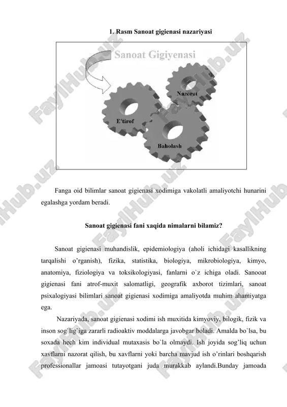 natijasida kasalliklar bo’lar ekan uning o’z atrof-muhit bilan ta’sir ham mavjud. quyida sanoat gigienasi uchun ulkan hissa qo’shgan atoqli tarixiy siymolarni tanlab, ularning bir guruhga qisqa ta’rif keltiriladi. gippokrat (mil.av. 470-410), yunon shifokori, eng yaxshi tibbiyot otasi sifatida tanilgan. u yaxshi ovqatlanish, toza havo va poklik tabiiy sog’ayish jarayonida iymon qoldirgan. gippokrat konchilar olib va boshqa ishlar bilan bog’liq bo’lgan moddalar holati haqida yozgan. gippokrat zamonaviy shifokorlar o’z amaliyotini boshlanadigan oldin e’tirof tibbiy mafkuraning bir kitobcha ishlab chiqildi. bu yaxshi gippokrat qasamyodi sifatida tanilgan. pliniy elder (23 e.a.-79 e.a.) rim senatori, yozuvchi va olim edi. uning asarlarida rux va oltingugurt ishchilar uchun xavfliligi tasvirlangan. u konlarida ishlayotgan bo’lsa konchilari hayvon pufagi bilan og’iz va burunni qamrab olishni taklifqilgan. u nafas yo`linii himoya qilishini birinchi bo’lib tavsiya qilgan. pliniy, oxirigacha bir olim, patlayışına tergov harakat o’z hayotini yo’qotgan mount vesuvius. georgius agricola (1494-1555), a.k.a. georg bauer, saxon shifokor, eng yaxshi geologiya …