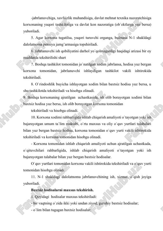 erak: - davlat mehnat texnika nazoratchisiga; - yuqori turuvchi xo`jalik organiga; - hodisa yuz bergan joydagi prokuraturaga; - xodimni ishlashga yuborgan tashkilotga; - “o`zsanoatkontexnazorat”ga (uning nazorati ostidagi korxonada yuz bergan bulsa); - viloyat kasaba uyushmalari kengashiga; 3. guruhiy o`lim bilan tugagan va oqibati og’ir baxtsiz hodisani, viloyat mehnat boshqarmasi buyrug’iga asosan quyidagi tarkibdagi komissiya maxsus tekshiradi: rais - viloyat (bosh) davlat texnika nazoratchisi yoki ”o`zsanoatkontexnazorat” davlat qo`mitasi vakili; a`zolar - yuqori turuvchi tashkilot vakili, ish beruvchi, kasaba uyushmasi qo`mitasi va ularning mehnat texnika nazoratchilari. “o`zsanoatkontexniknazorat” davlat qo`mitasi organi nazorati ostidagi korxonalarda yuz bergan guruhiy, o`lim bilan tugagan va oqibati og’ir baxtsiz hodisalarni tekshiruviga, komissiya raisi qilib shu organ vakili tayinlanadi. -2 yoki 4 kishining o`limi bilan tugagan baxtsiz hodisalarni maxsus tekshirish mehnat vazirligi buyrug’iga asosan tuzilgan komissiya tomonidan tekshiriladi: -besh yoki undan ziyod kishi o`lgan baxtsiz hodisalar, vazirlar mahkamasining qarori asosida tuzilgan komissiya tomonidan tekshiriladi. 4. maxsus tekshirish komissiyasi 15 …