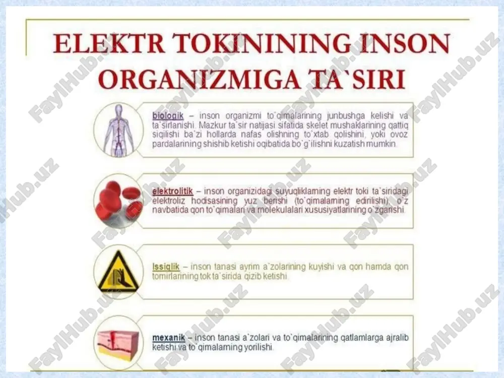 izlik belgilari - qizil rang - umuman taqiqlovchi rang bo`lib, agar u biror – bir avtomatlashtirilgan vositaga o`rnatilgan bo`lsa, qizil lampa yonishi odam aralashishi kerak bulgan holat paydo bo`lganini ko`rsatadi, yoki bo`lmasa bajarilayotgan jarayon to`xtab qolganidan dalolat beradi. - sariq rang – ogohlantiruvchi hisoblanadi. bunda, mashina va qurilmalarning avtomat rejimiga o`tishini yoki ba`zi bir chegara nuqtaga yaqinlashib qolganini ko`rsatuvchi, qurilishda esa xavfli mintaqalarni to`suvchi vositalarda va zararli moddalar solingan idishlarni belgilashda qo`llaniladi. - yashil rang – xabar beruvchi hisoblanadi. uni ruxsat etiladigan, masalan, mashina jihozlarning ishga tayyorligini bildiradigan, xavfli vaziyatlardan chiqish yo`llarini belgilovchi lampalar sifatida qo`llash mumkin. - ko`k rang – ko`rsatma, yong’in xavfsizligi belgilari, axborot. erga va nolga ulab muhofazalanish, muhofazalovchi o`chirish qurilmalari. har qanday elektr qurilmasi, agar uning metall qobiqlarida elektr kuchlanishi hosil bo`lish xavfi bo`lsa, qaysi joyda va qanday binoda ishlatilishidan qat`iy nazar, uning korpusini erga ulab qo`yiladi va bu elektr qurilmalarini erga ulab muhofaza qilish deb …
