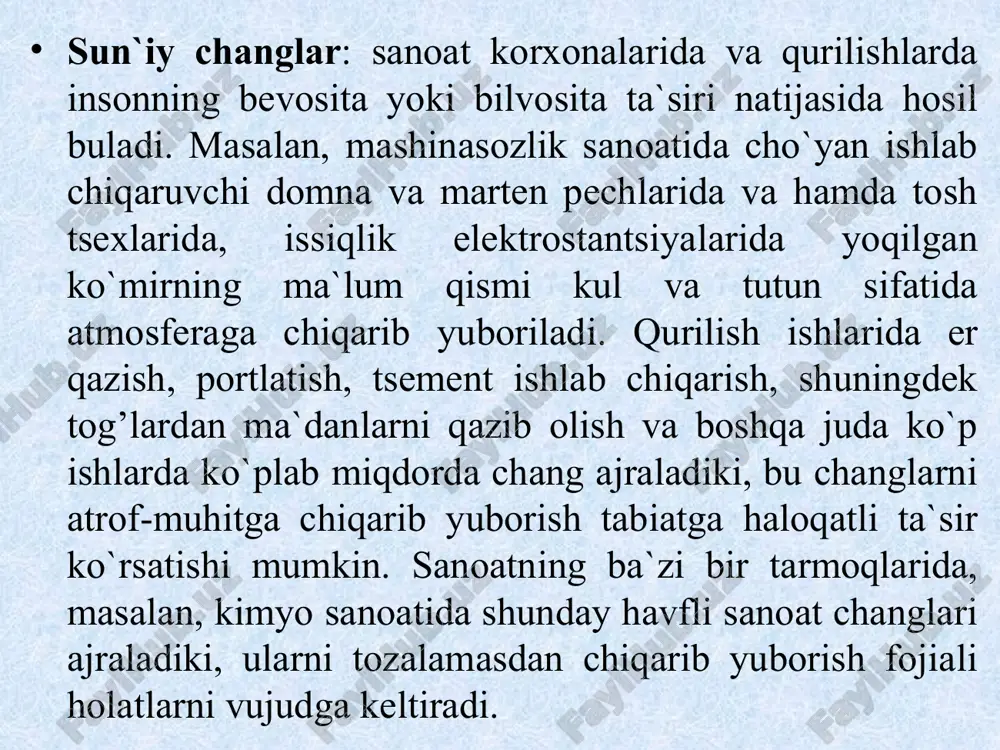 50-60 % ni tashkil etadi. kameranıng chang yutish effektivligin osırısh maqsatida unıng ichiga vertikal yoki gorizontal tosıq devorlar qoyıladı, ularni vaqtı-vaqtı silkinishi natiyjeasida yig’ilib qolgan chang kamera quyi qismiga tushiriladi. shaxsiy himoya vositalari o`zbekiston respublikasining «mehnatni muhofaza qilish to`g’risida»gi qonuniga muvofiq korxona ma`muriyati ishchi va xizmatchilarni bepul shaxsiy himoya vositalari bilan taminlashi, ularni saqlash, yuvish, quritish, dezinfektsiyalash va ta`mirlash ishlarini bajarishi kerak. barcha himoya vositalari ishlatilishiga qarab jamoa himoya vositalari va shaxsiy himoya vositalariga bo`linadi. ishning xavfsizligini mashinalarning konstruktsiyasi, ishlab chiqarish jarayonini tashkil qilish, arxitektura-rejalashtirish echimlari va jamoa himoya vositalarini qo`llash bilan taminlashning iloji bo`lmagan taqdirda shaxsiy himoya vositalaridan foydalaniladi. himoya vositalari texnik estetika, ergonomika talablariga javob berishi, himoya samaradorligi yuqori, ishlatishda qulay, texnologik jarayonda bajarilayotgan ish turiga mos bulishi kerak. shu ish uchun mo`ljallangan va qabul qilingan tartibda tasdiqlangan texnik hujjatlari bulmagan shaxsiy himoya vositalarini qo`llash taqiqlanadi. ular vazifasi, ishlash muddati ko`rsatilgan yo`riqnoma hamda saqlash va ishlatish qoidalari bilan …