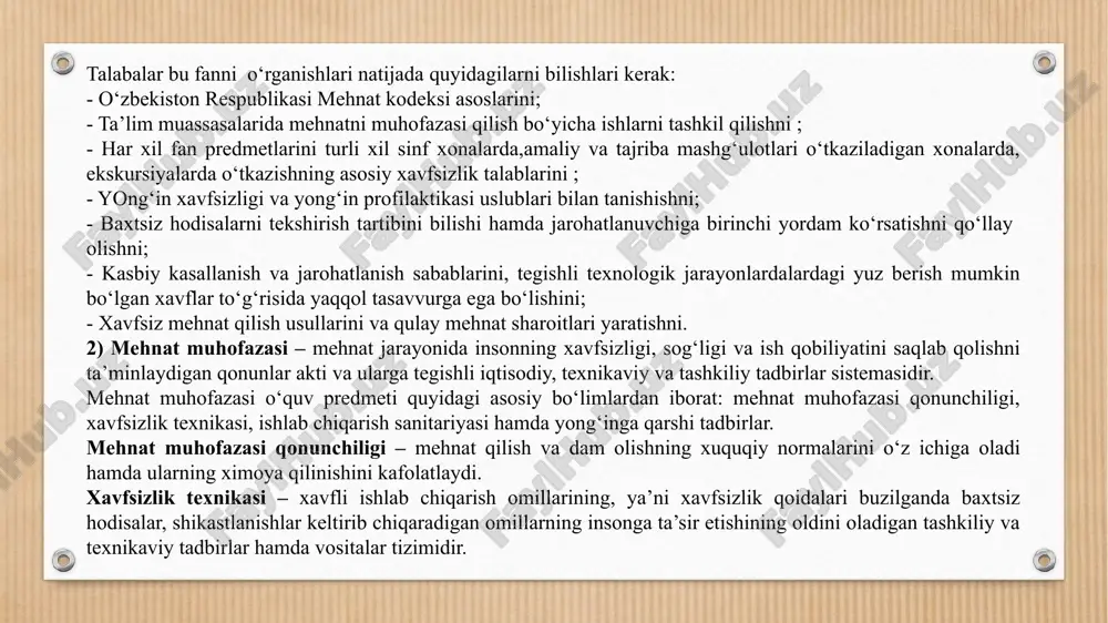 sh to’g’risidagi qonunida mustahkamlangan. ushbu qonun ishlab chiqarish usullaridan, mulk shaklidan qat’iy nazar korxonalarda mehnatni muhofaza qilish ishlarini tashkil etishning yagona tartibini belgilaydi, hamda fuqarolarning sog’ligi va mehnatining muhofaza qilinishni ta’minlashga qaratilgan. “mehnatni muhofaza qilish to’g’risida”gi qonun 1-7 moddalarida umumiy koidalar 8-15 moddalarida mehnatni muhofaza qilinishini ta’minlash 16-21 moddalarda ishlovchining mehnatini muhofaza qilishga doir xuquqlarining kafolatlar 77-87 moddalarda ishga qabul qilish va dastlabki sinov muddati mehnat shartnomalari shartnomasining mazmuni, shakli, muddati 73-76 moddalarda 22-29 moddalarda mehnatni muhofaza qilishga doir qonunlar va me’yoriy xujjatlar ustidan davlat va jamoatchilik nazorati mehnat shartnomalarining bekor qilinishi 97-113 moddalar mehnat shartnomasini g’ayriqonuniy ravishda bekor qilishda yoki xodimni g’ayriqonuniy ravishda boshqa ishga o’tkazishda aybdor bo’lgan mansabdor shaxs zimmasiga moddiy javobgarlik yuklash 274 moddada xalq sudlari 267-269 moddalarda mehnat nizolari, mehnat nizolarini ko’rib chiqadigan organlar 260 moddada davlat ijtimoiy sug’urtasi masalalari 282-288 moddalarida mehnat nizosini xal qilishni so’rab murojaat etish mud-datlari 270 - moddada boquvchisini yo’qotganlik nafaqasi …