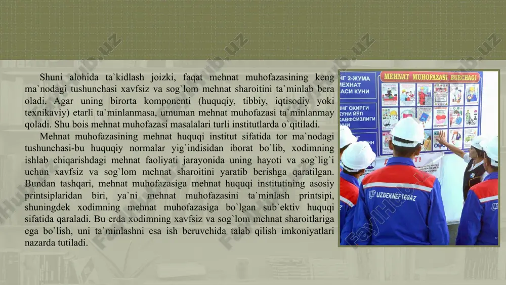 ng 164-moddasi talablariga rioya qilingan holda ish beruvchi tomonidan amalga oshiriladi; 3.mehnat shartnomasini bekor qilish (100-modda, 2-qismining 3 va 4 bandlari). lavozimli shaxslarni mehnat muhofazasi qoidalarini buzganligi uchun ma’muriy javobgarlikka tortish, davlat nazorat organlari tomonidan yozma ogohlantirish yoki jarimalar solishda ifodalanadi. jarima solish haqidagi qaror ustidan tuman (shahar) xalq sudiga, jarima solingandan so‘ng 10 kun muddat ichida shikoyat qilinishi mumkin. moddiy javobgarlikka yuqori xavf manbai keltirgan zarar bilan belgilanadi. agar ko‘rilgan moddiy zararning yuzaga ketishiga yoki ko‘payishiga aybdorning qo‘pol extiyotsizligi sabab bo‘lsa, aybdor aybining darajasiga qarab, jarima to‘lash miqdori kamaytirilishi yoki bekor qilinishi mumkin. (o‘zbekiston respublikasi mehnat kodeksining 98-202 moddalari). jinoiy javobgarlik o‘zbekiston respublikasi mehnat kodeksi 257-moddasiga binoan mehnat muhofazasining qoidalariga amal qilmagan holda mehnatkashlarning hayoti va sog‘ligiga xavf tug‘dirsa, eng kam ish haqining 25% dan 50 % gacha jarima solish yoki 5 yilgacha muayyan xuquqdan mahrum etish yoki 3 yilgacha ahloq tuzatish ishiga yuborish. agar shu hatti-harakatlar natijasida odamlar …