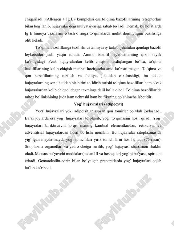o`rilgan yog` tomchilari yoki xilomikronlar (diametri 1 mkm atrofida) tomirlar endoteliysidagi fermentlar ta’sirida yog` kislotalari bilan glitseringa parchalanadi. bu moddalar adipotsitlar tomonidan so`rilib hujayralarda glitserolkinaza fermenti yordamida yana qayta triglitseridlarga sintezlanadi va yog` zapasi shaklida to`planadi. adipotsitlarda to`plangan yog` zaruriyat tug`ilgan paytda hujayradan chiqarilib lipaza fermenti yordamida parchalanadi, hosil bo`lgan glitserin va yog` kislotalari qondagi albumin bilan bog`lanib to`qimalarga «yoqilg`i» sifatida yetkaziladi. pigment hujayralar pigment hujayralar siyrak biriktiruvchi to`qimaning ma’lum joylarida, ko`zning qon tomirli va rangdor pardalarida, terida, sut bezi so`rg`ichi, anus (chiqaruv) teshigi atrofida ko`proq uchraydi. pigment hujayralar noto`g`ri shakldagi kalta o`simtali hujayralar bo`lib, sitoplazmasida mayda-mayda pigment donachalarini tutadi. bu pigment melanin deb atalib, mikroskopda to`q jigarrang bo`lib ko`rinadi. uzida pigment saqlovchi hujayralar melanoforotsitlar, pigment sintez qilish xususiyatiga ega bo`lgan hujayralar esa melanoblastotsit yoki melanotsitlar deb ataladi. melanin pigmenti melanoblastotsit hujayralarining ditoplazmasida tirozin aminokislotasining oksidlanish mahsulotlarini polimerizatsiyasi natijasida hosil bo`ladi. tirozin esa melanoblastotsit mitoxondriyalari tarkibida bo`luvchi tirozinaza fermenti ta’sirida …