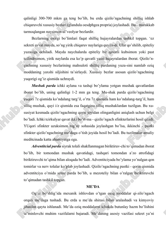lanadi. uning ta’sirida ovqat tarkibidagi murakkab oqsillar ancha sddiyal’bumoz va peptonlargacha parchalanadi. pepsinning fer-mentativ faoliyati faqat kislotali muhitdagina namoyon bo’ladi, shu sababli uning aktivlanishi uchun xlorid kislotaning bo’lishi zarur. lipaza me’dada oz miqdorda ajraladi va yog’larning par-chalanishida ishtarok etadi. faqat emizikli bolalarda me’da shirasi tarkibida ximozin moddasi bo’lib, u sutni ivitadi. shilliq modda me’da shilliq pardasi yuzasini qoplab, uni xlorid kislota ta’siridan va dag’al ovqat luqmalarining shikastlashidan saqlaydi. me’dada antipepsin deb ataluvchi max-sus modda ishlab chiqariladi degan taxminlar bor. me’da devorining pepsinning hazm qiluvchi ta’siriga chidamliligi me’da shirasida antipepsin borligi bilan izohlanadi. ovqatni kimyoviy qayta ishlashdan tashqari, me’da organizm uchun muhim bo’lgan qator boshqa vazifalarni ham bajaradi. me’dani mexanik vazifasi ovqatni me’da shirasi bilan ara-lashtirish va qayta ishlangan ovqat massasini o’n ikki barmoq ichakka o’tkazib berishdan iborat. bu vazifani bajarishda me’da devorining mushaklari ishtirok etadi. me’da dsvorida ovqat bilan kirgan vitamin uning so’rilishini ta’minlovchi a n t i-anemik omil (faktor) …