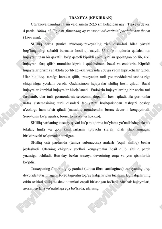 zilo’ngachdan o’tayotgan ovqat luqmalari traxeyaning tog’ay qism tomonidan qarshilikka uchramaydi. traxeyaning tashqi - a d-v e n t i tc i ya p a p d a c i (tunica adventitia) ko’p miqdor-da limfa va qon tomirlar tu-tuvchi siyrak tolali shakl-lanmagan biriktiruvchi to’qi-madan tashkil topgan. traxeya chap va o’ng bosh bronxlarga bo’linib, ular o’z navbatida o’ng o’pkada uch, chap o’pkada esa ikki ,bo’lak bronxlarga bo’linadi (bu bronxlar o’pka parenximasidan tashqarida joylashadi). bu bronxlar birinchi tartibdagi bronxlar deb yuritiladi. har bir bi-rinchi tartibdagi bronx yirik zonali (har o’pkada 4 tadan) bronxlarga bo’linadi. zonal bronxlar esa o’pka ichiga kiradi. adabiyotlar: 1. narziyev d.x., t.: “mexnat”1986 2. kodirov e. “gistologiya” t.: “o’qituvchi” 1994 3. alimov d.a. gistologiya va embriologiya. t. “o’qituvchi” 4. vrakin v.f. “morfologiya selskoxozyaystvennix jivotnix” m.: “kolos” 1984. image1.jpeg image2.jpeg