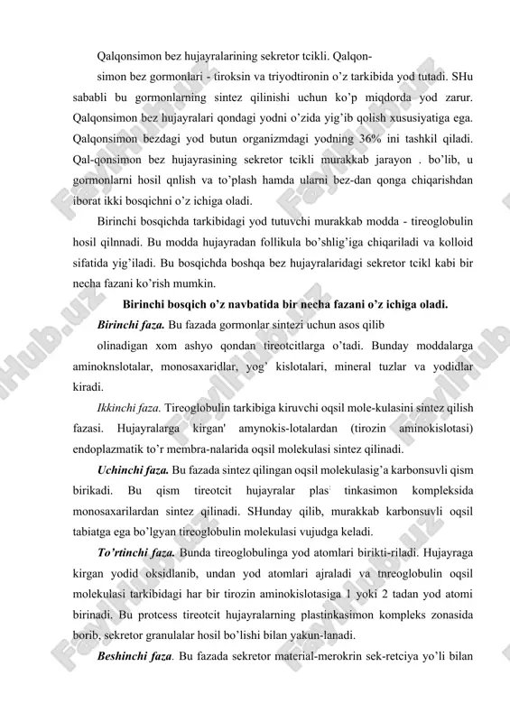 qalqonsimon bezning ak-tiv gormonlari tiroksin (tetrayod^ironin va triyodtironinlar) hosil bo’ladi. ular hujayralarning bazal tomoni orqali qonga chiqariladi. parchalanish natijasida hosil bo’lgan b;>shqa mod-dalar tireoglobulin sintez qilinishida qayta ishlatiladi. triyodtironin tiroksinga nisbatan kuchliroq ta’sir etish xususiyatiga ega. bulardan tashqari, monoyodtirozin va diyoti-rozin gormonlari ishlab chiqariladi, lekin ular qonda juda oz miqdorda bo’ladi. qalqonsimon bez gormonlari organizmda umu-miy modda almashinish jarayonlarini boshqarish bilan birga, o’sish jarayoniga, organlar regeneratciyasiga, oqsil, karbonsuvlar almashinuvi kabi protcesslarga stimullovchi ta’sir ko’rsatadi. parafollikulyar k-hujayralarda ishlanadigan tireokal’tcitonin gormoni qonda kal’tciy miqdorini kamaytirish xususiyatiga ega. qalqonsimon bez oldi bezi (glandula parathyroidea) qalqonsimon bez oldi bezi mayda bo’lakchalardan iborat bo’-lib, ularning soni 2 tadan 8 tagacha, umumiy og’irligi esa 0,13- 0,36 grammdir. taraqqiyoti. qalqonsimon bez oldi bezi embrional hayotning 5-6-haftalarida buqoq bezi kurtagidan orqaroqda, 3-4 jabra j76-rasm. qalqonsimon va qalqonsimon bez oldi bezi. gematoksilin - eoznn bilan bo’yalgan. 06. 10. ok. 10. 1- qalqonsimon bez fellikullari; 2 - qalqonsiion bez olli …